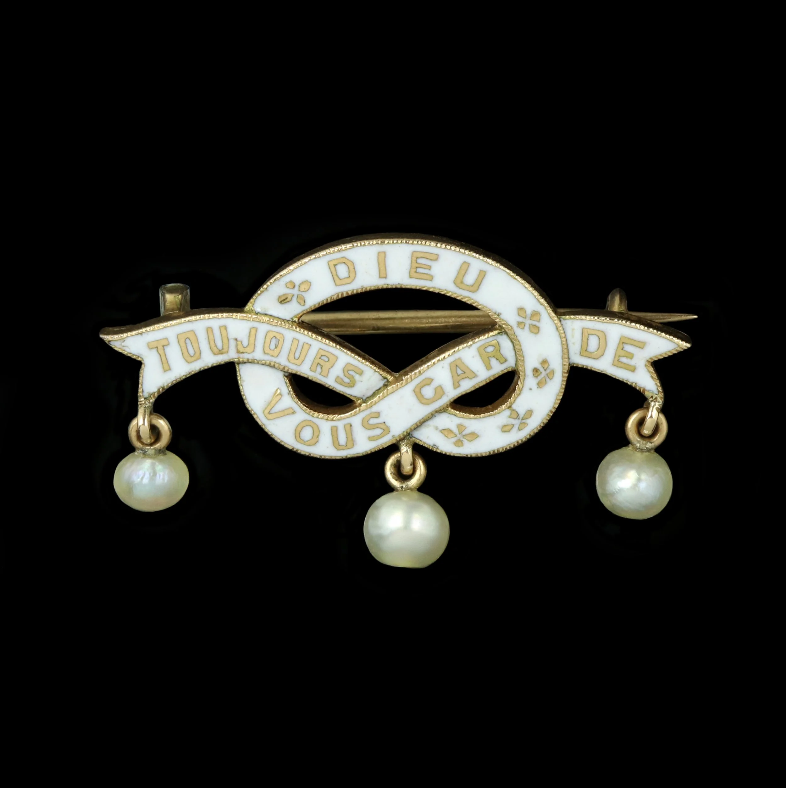 Victorian gold, enamel and pearl lover's knot brooch