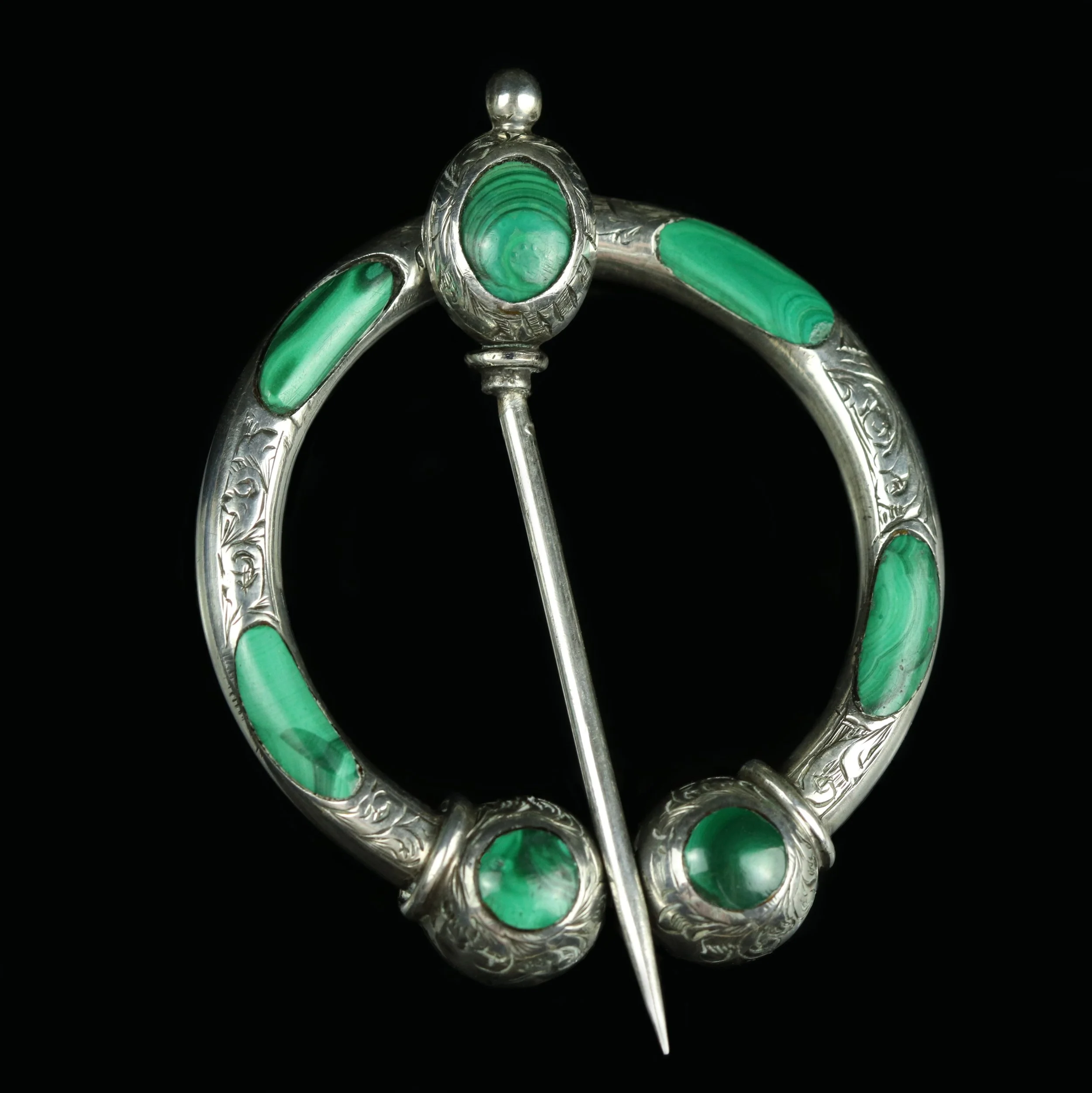 Scottish Celtic Revival silver malachite penannular brooch