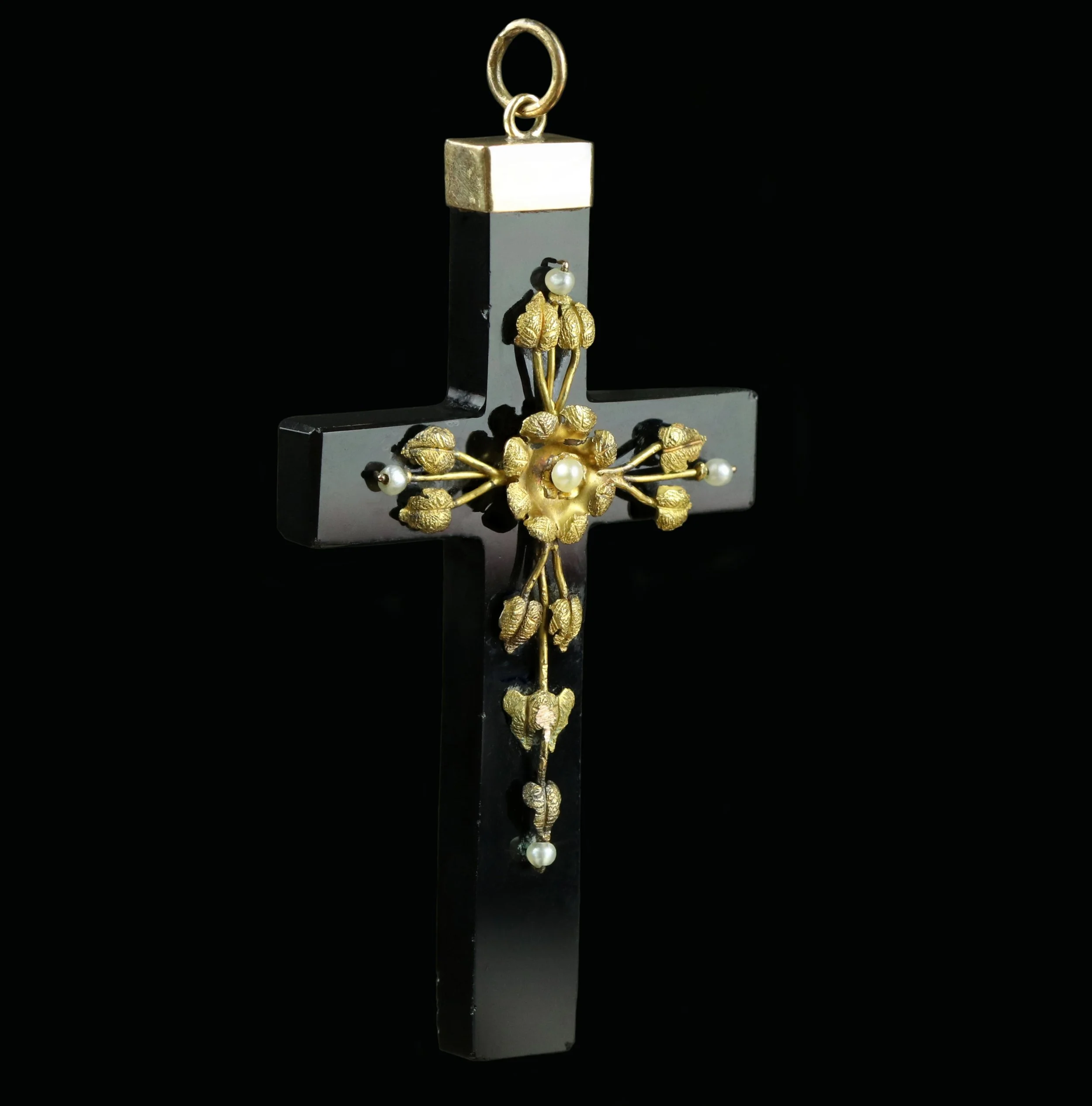 Victorian gold onyx and seed pearl floral cross pendant