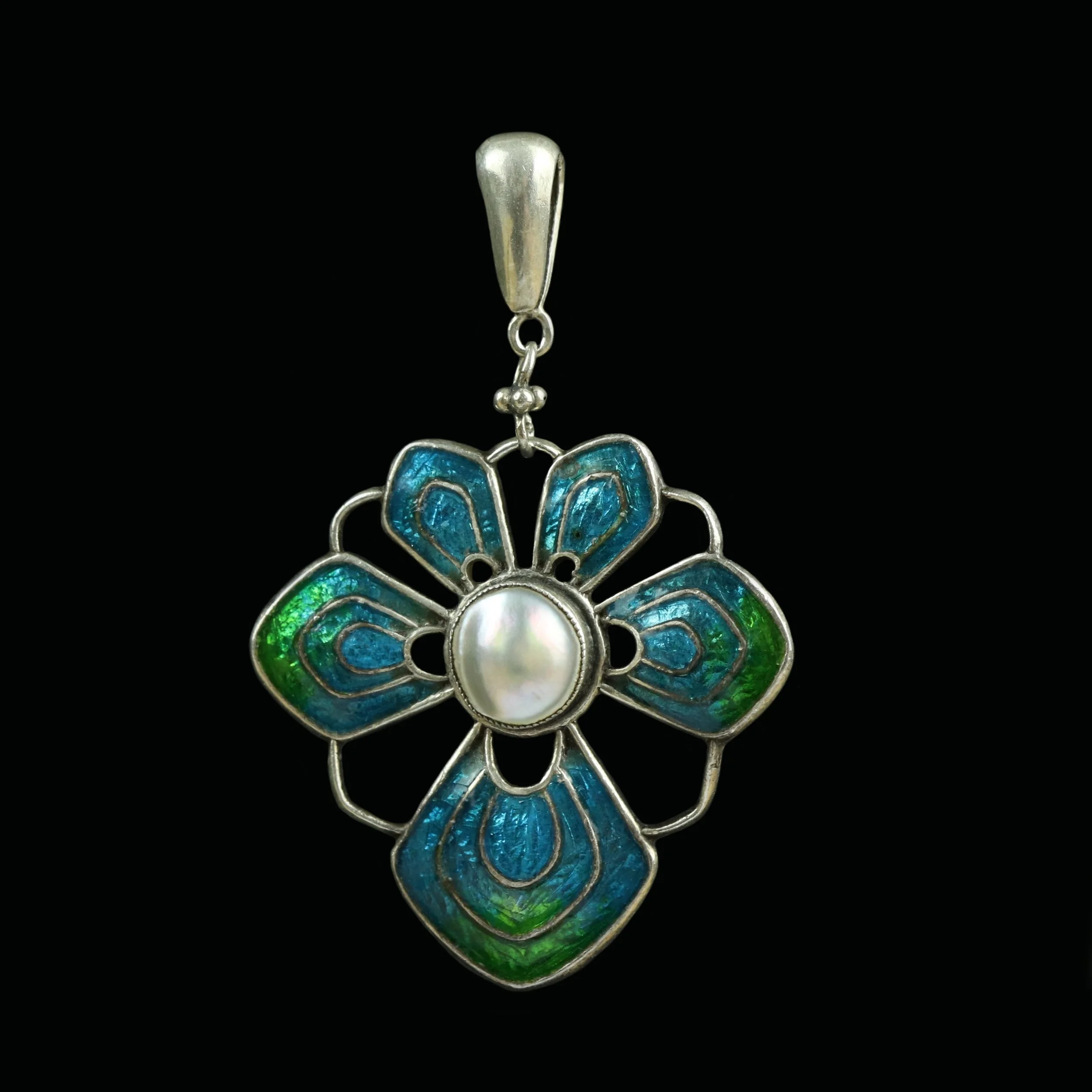 Arts & Crafts silver, enamel and blister pearl pendant, by Liberty & Co.