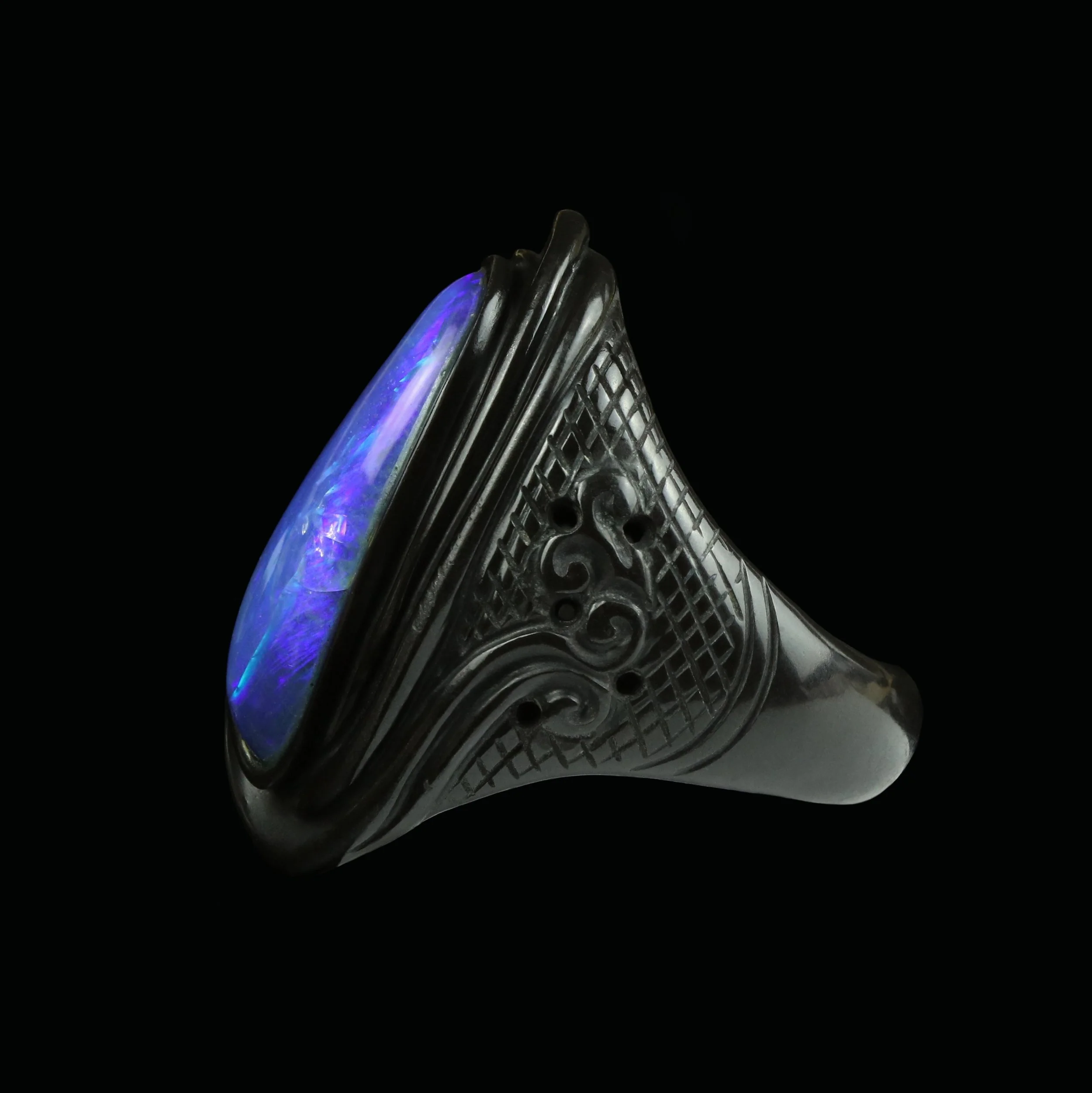 Unique late Victorian opal and ebony whirlpool ring