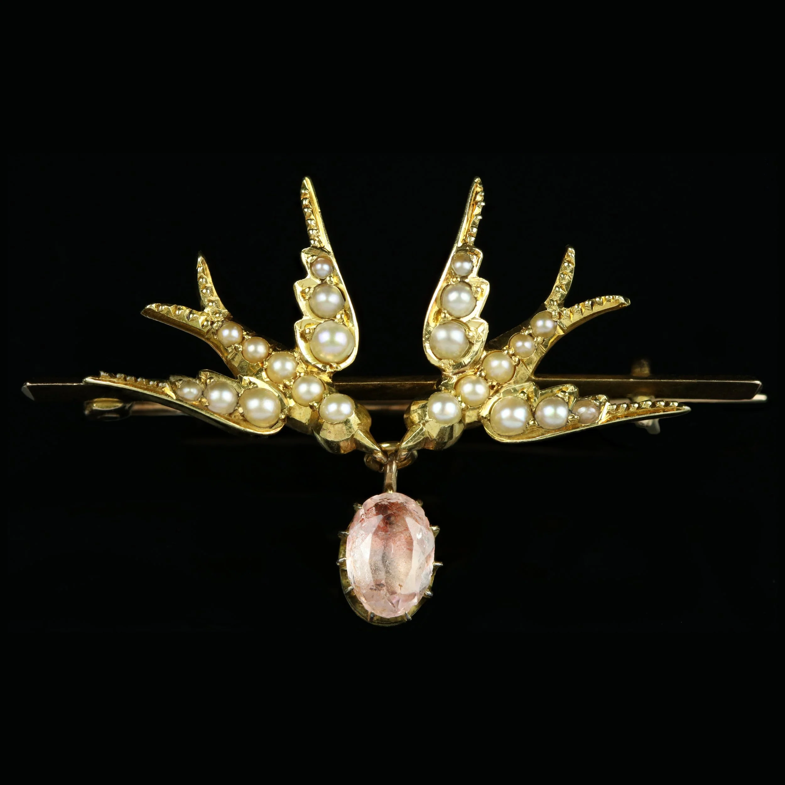 Late Victorian gold pink topaz and love birds brooch