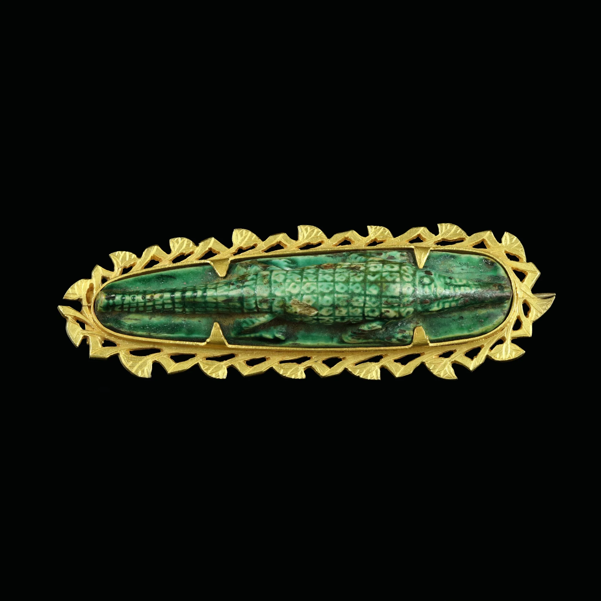 Ancient Egyptian revival faience crocodile brooch
