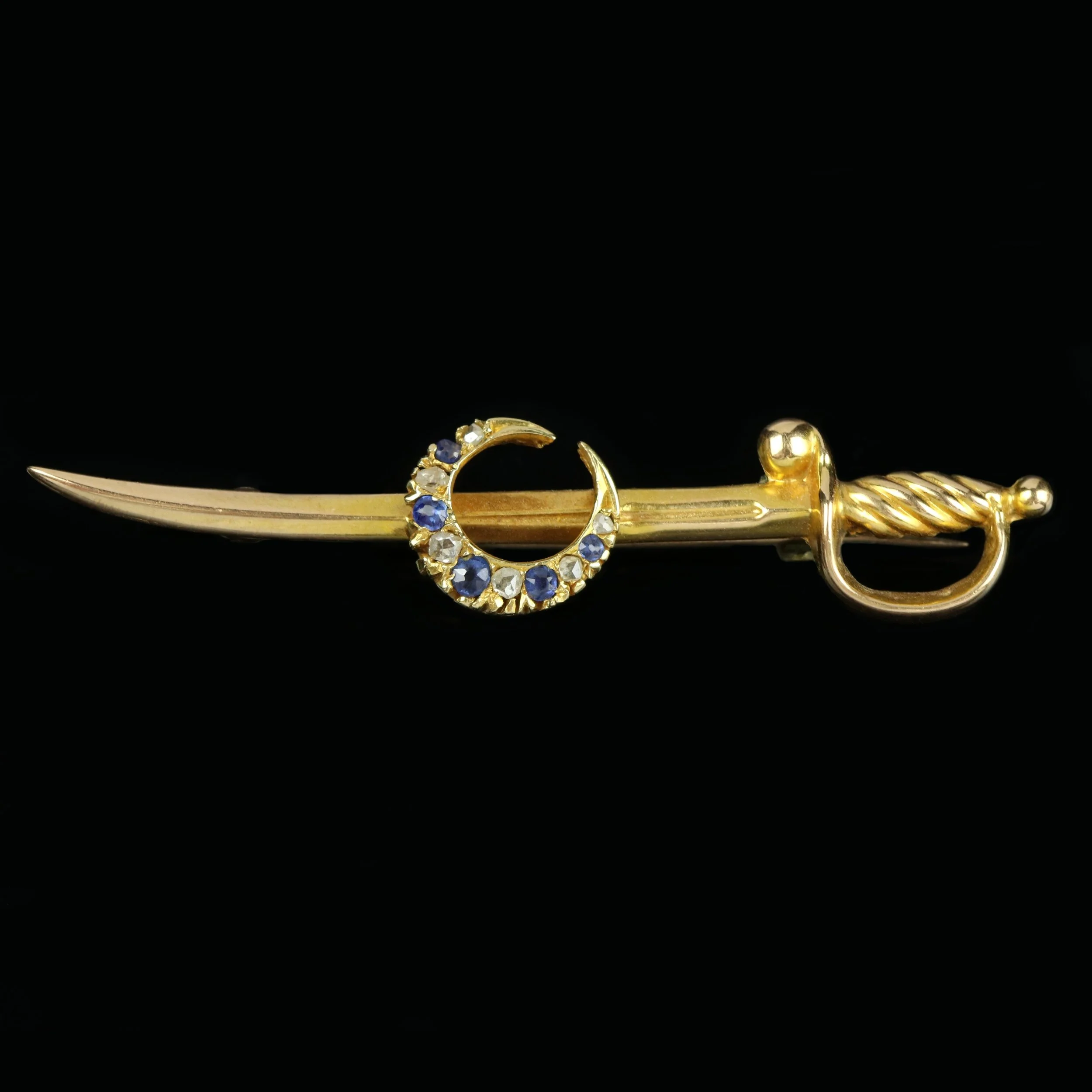 Victorian 15ct gold sword and diamond and sapphire moon brooch