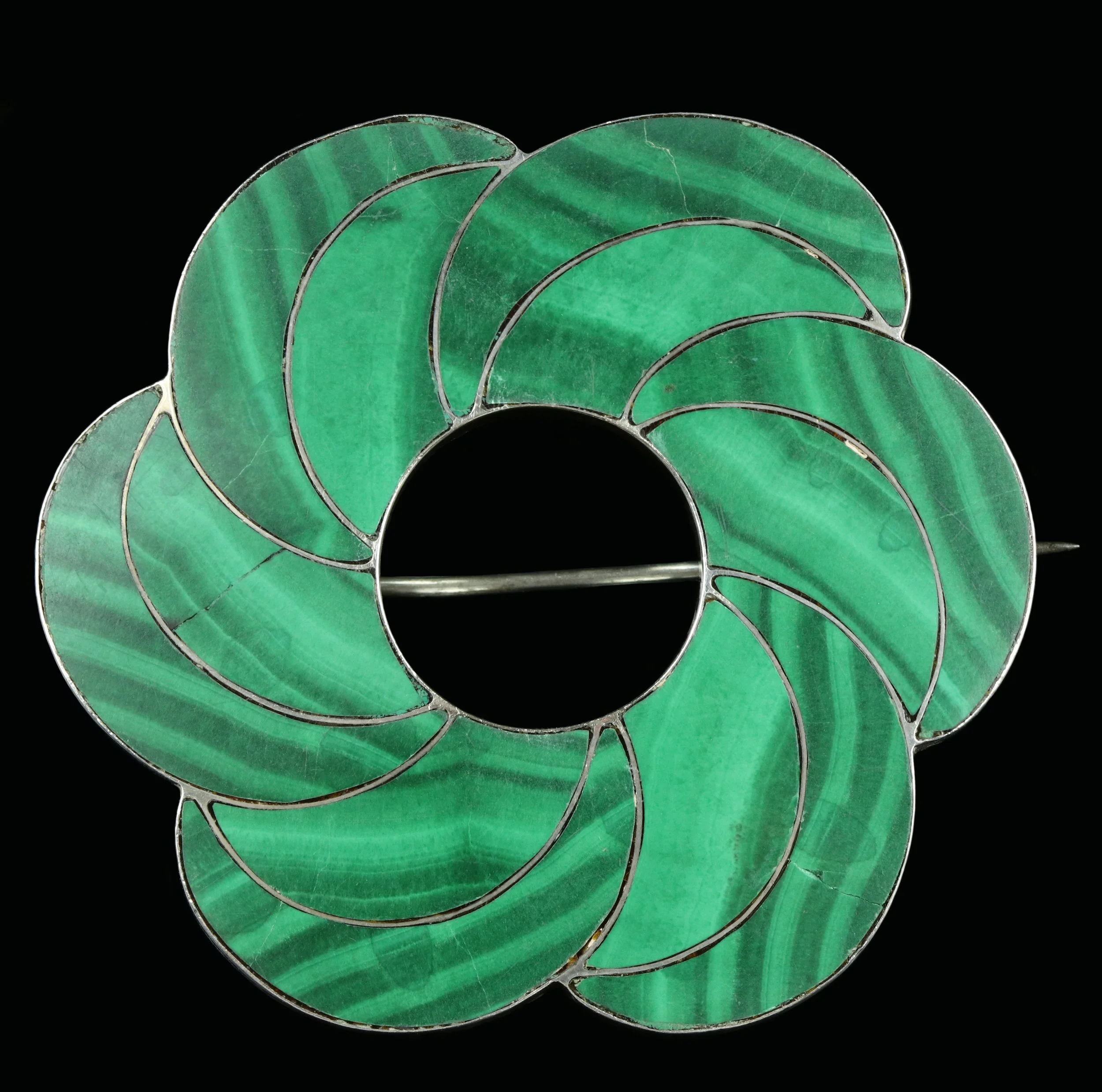 Late Victorian silver malachite scalloped brooch