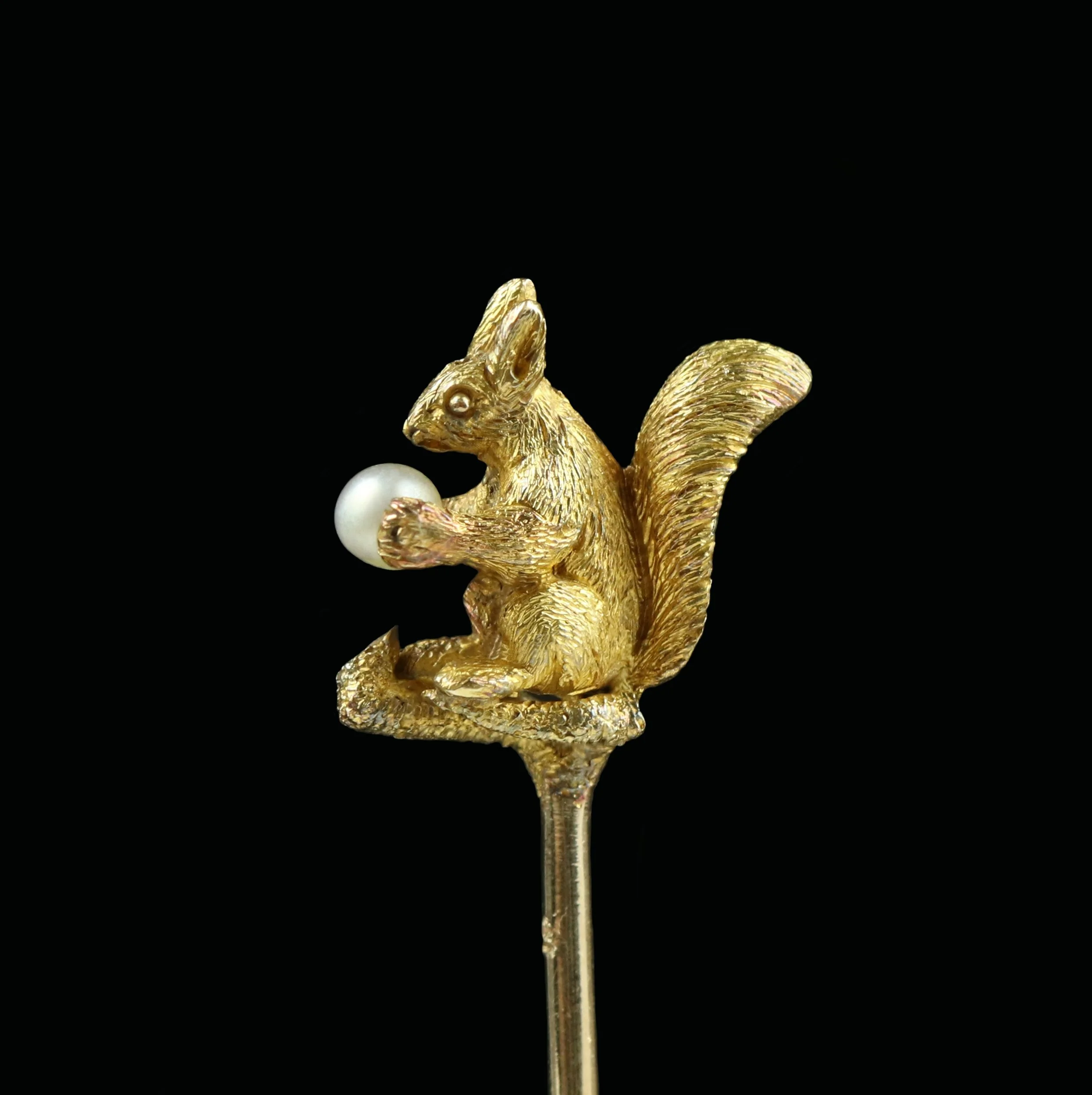 Victorian gold stickpin, squirrel holding a seed pearl