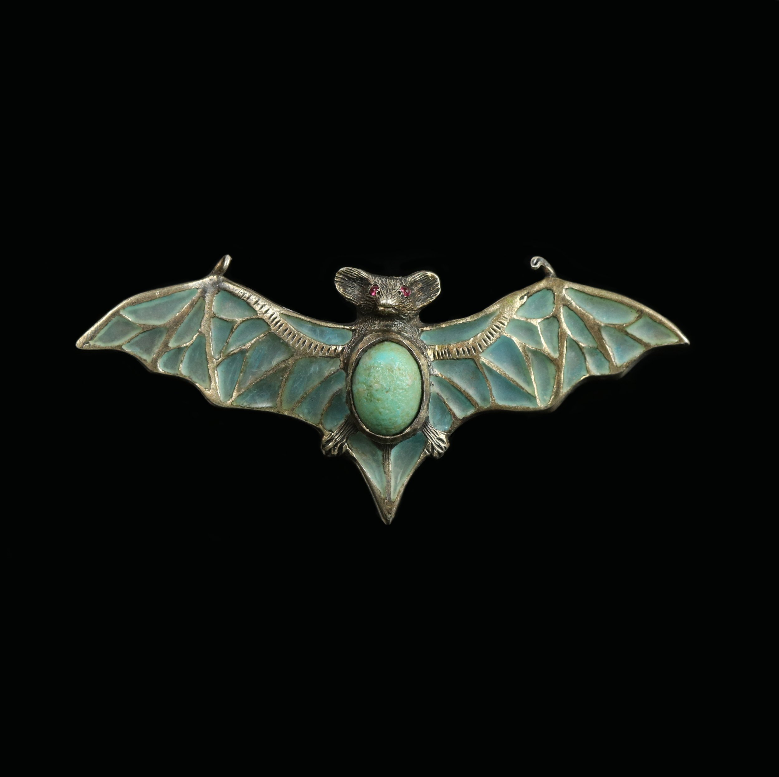 Jugenstil silver and plique-a-jour bat brooch