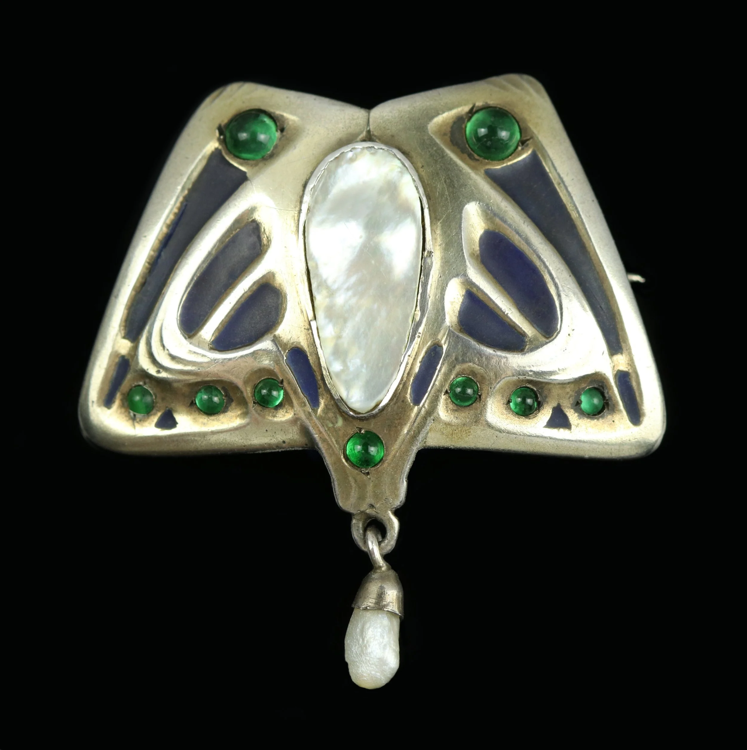 Jugendstil silver plique-a-jour enamel and gem brooch
