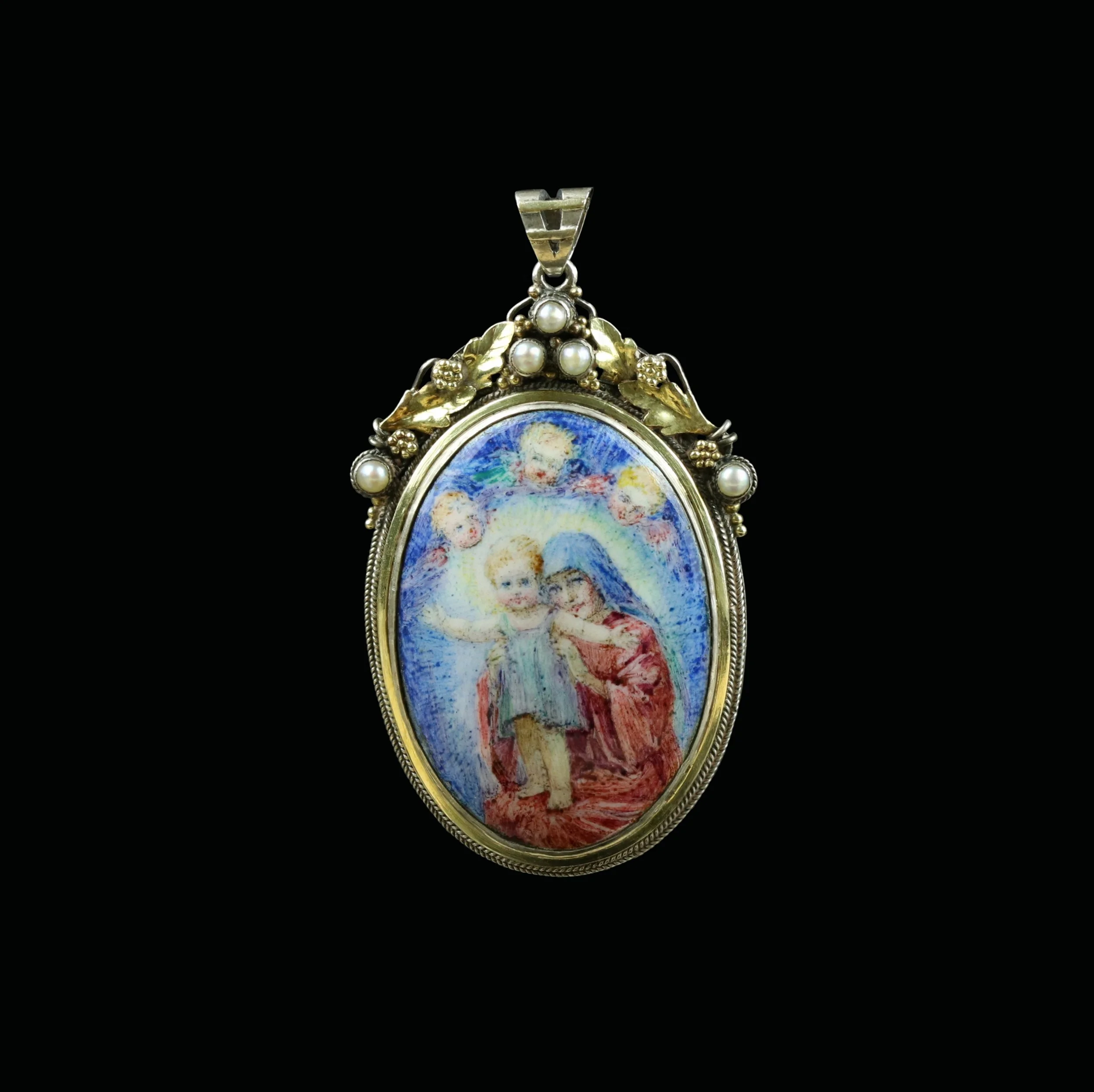Arts and Crafts enamel and split pearl pendant