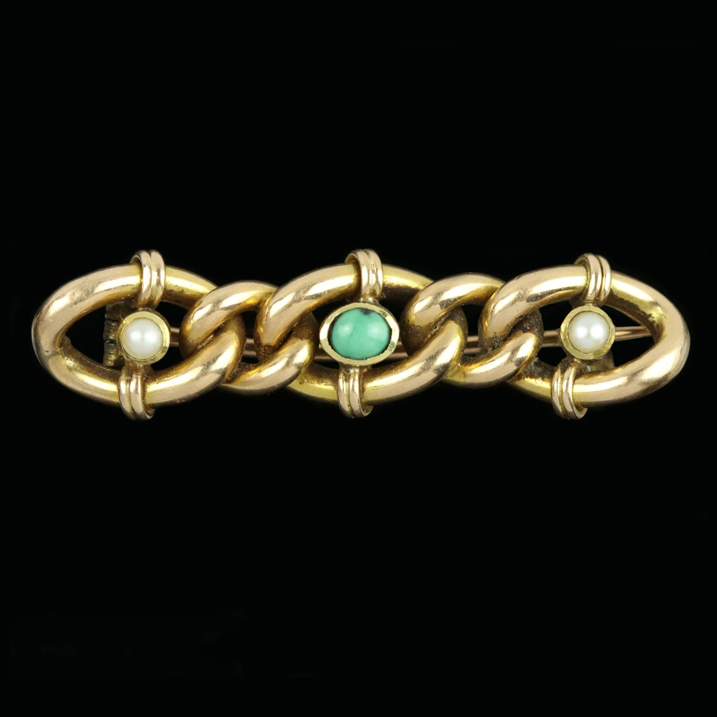 Victorian 15ct gold turquoise and split pearl brooch