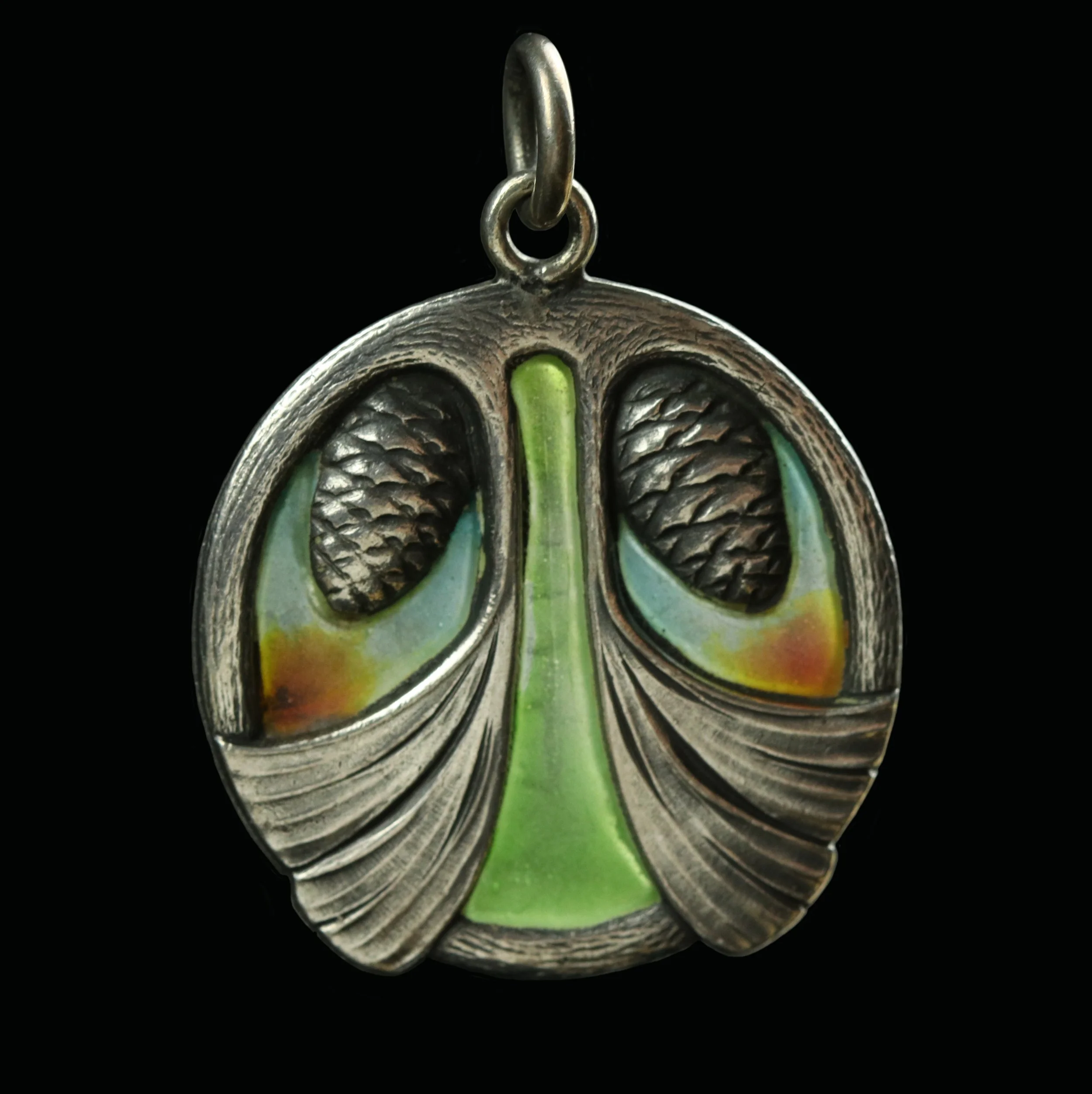 Art Nouveau silver and plique-a-jour enamel pine cone pendant