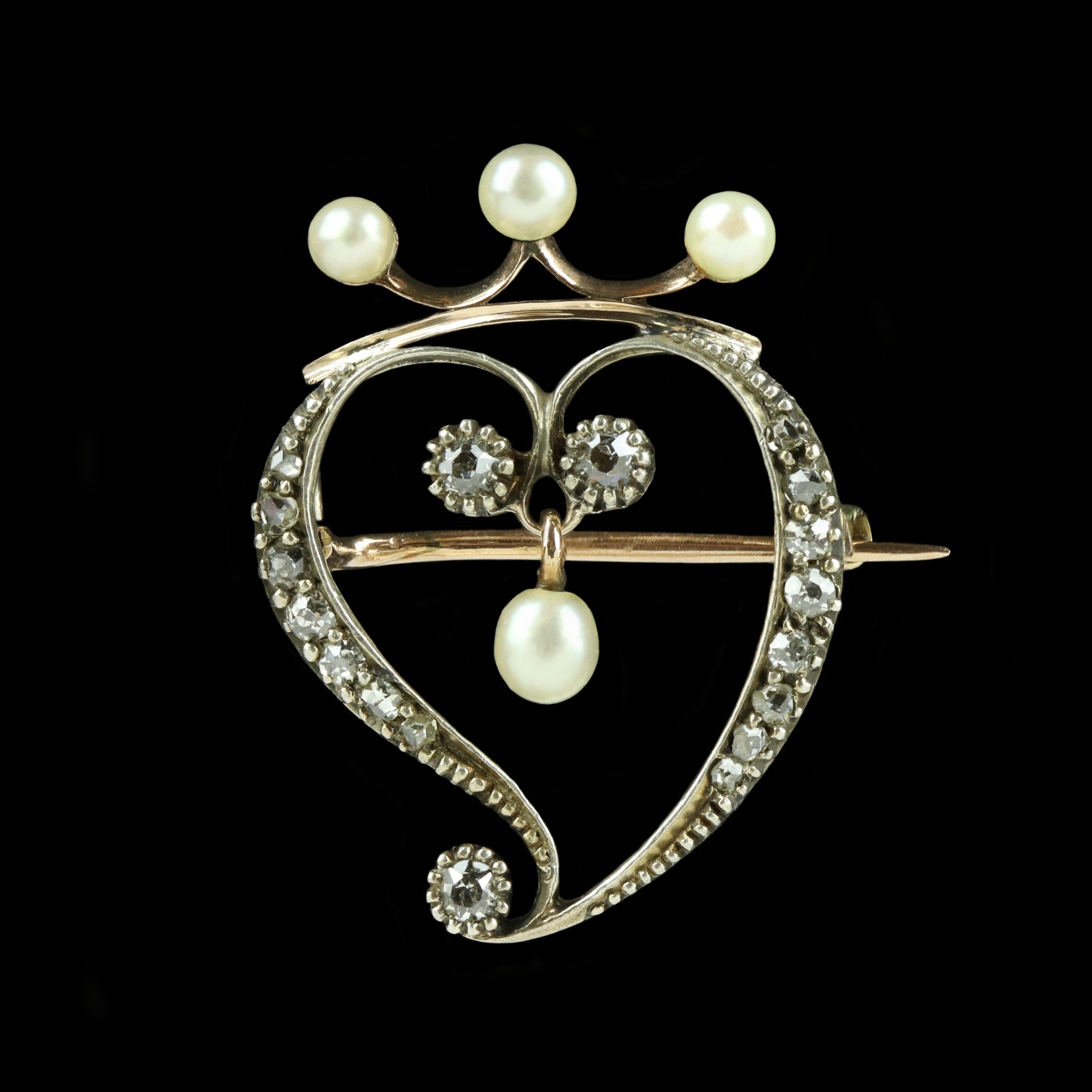 Victorian diamond and pearl crowned witches heart brooch