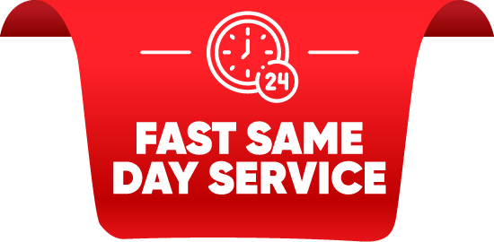 Red and black sign with a clock icon, advertising fast same-day service available 24 hours.