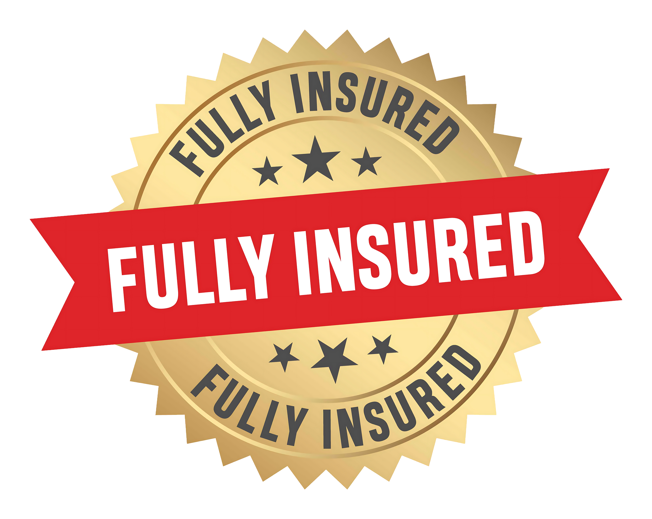 A gold seal with black text reading "Fully Insured" repeated twice around the perimeter. A red banner diagonally across the seal displays bold white text "Fully Insured." The seal has a jagged edge and black stars in the center.