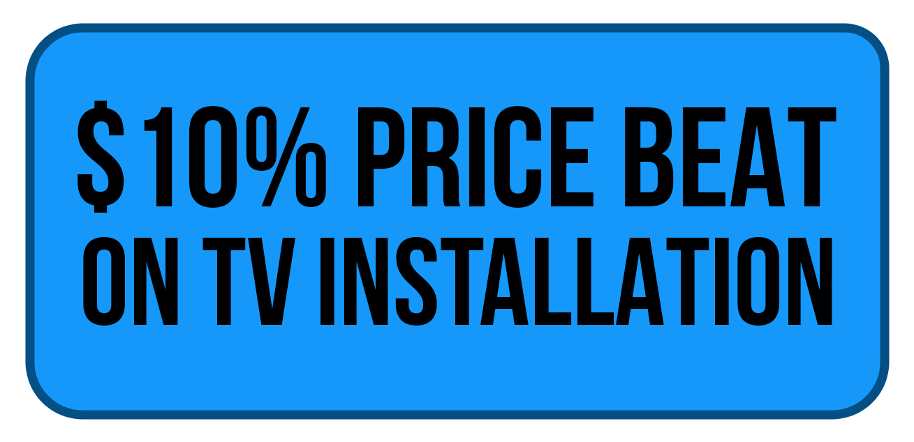 Blue promotional sign offering a $10 discount on TV installation.