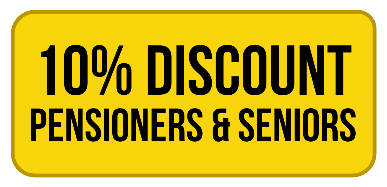 Yellow sign offering a 10% discount for pensioners and seniors.