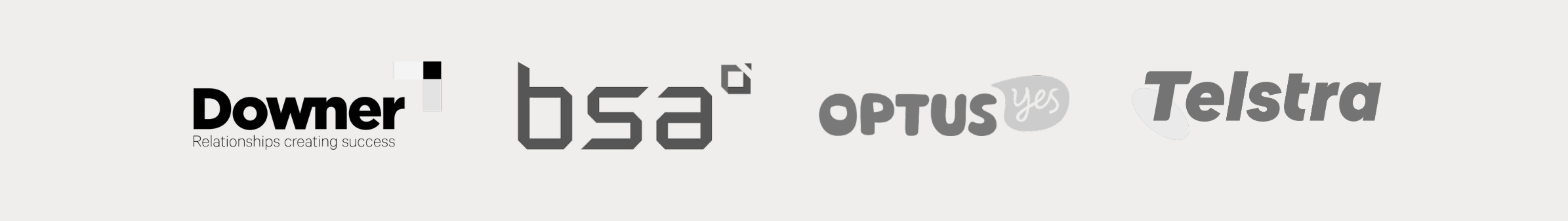 Logos of Downer, BSA, Optus, and Telstra on a light background.