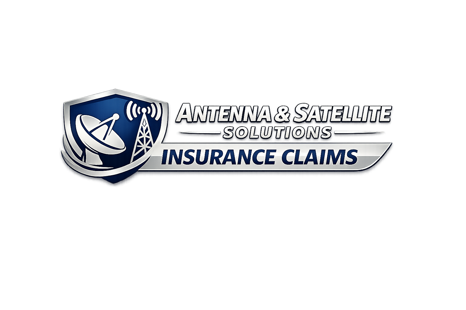Logo for antenna and satellite solutions insurance claims, featuring a shield with a satellite dish and communication tower icon, and text indicating the company's services.