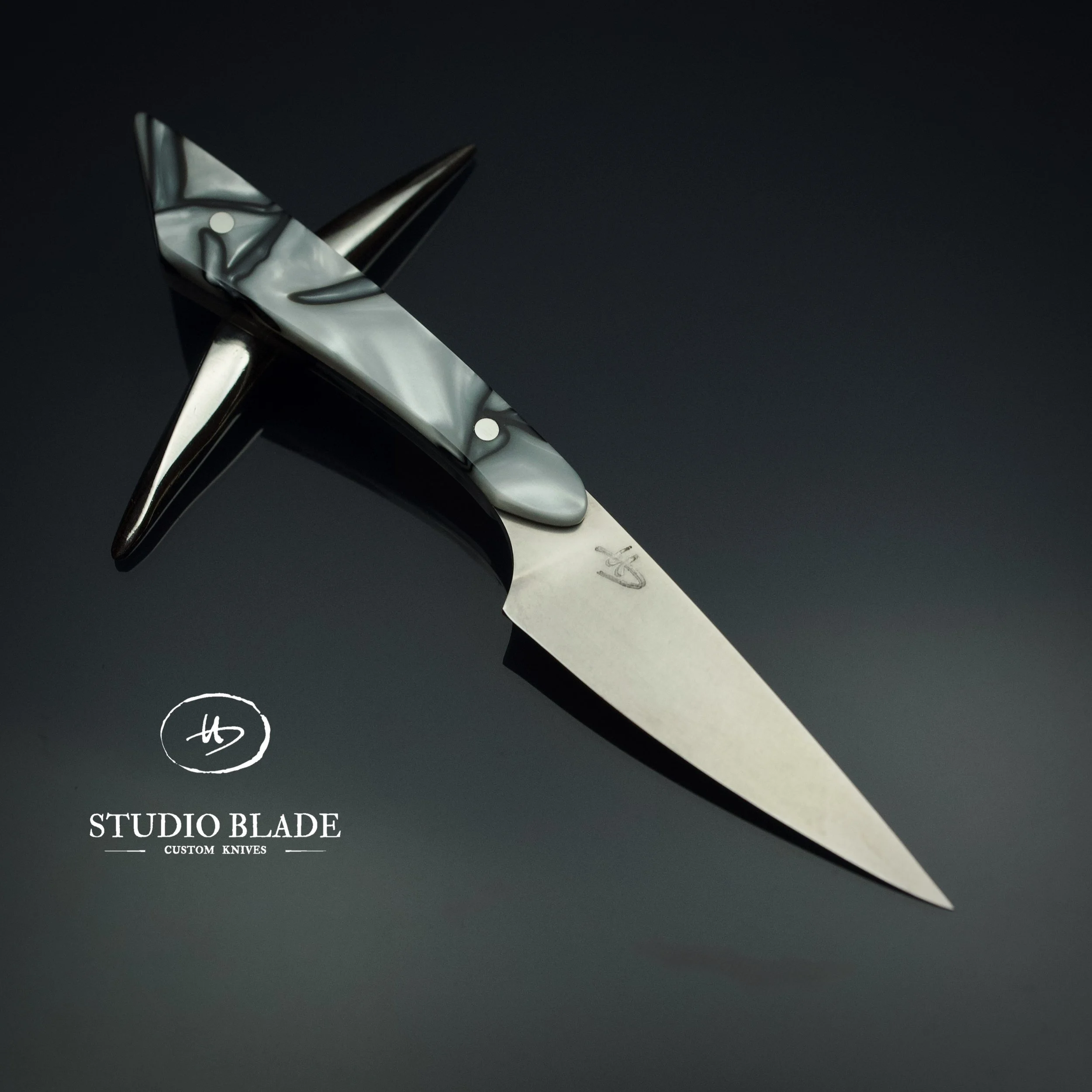 A custom handmade made kitchen or steak knife with a stainless blade and a black and silver handle, placed on a dark surface, with the Studio Blade logo and text in the lower left corner.