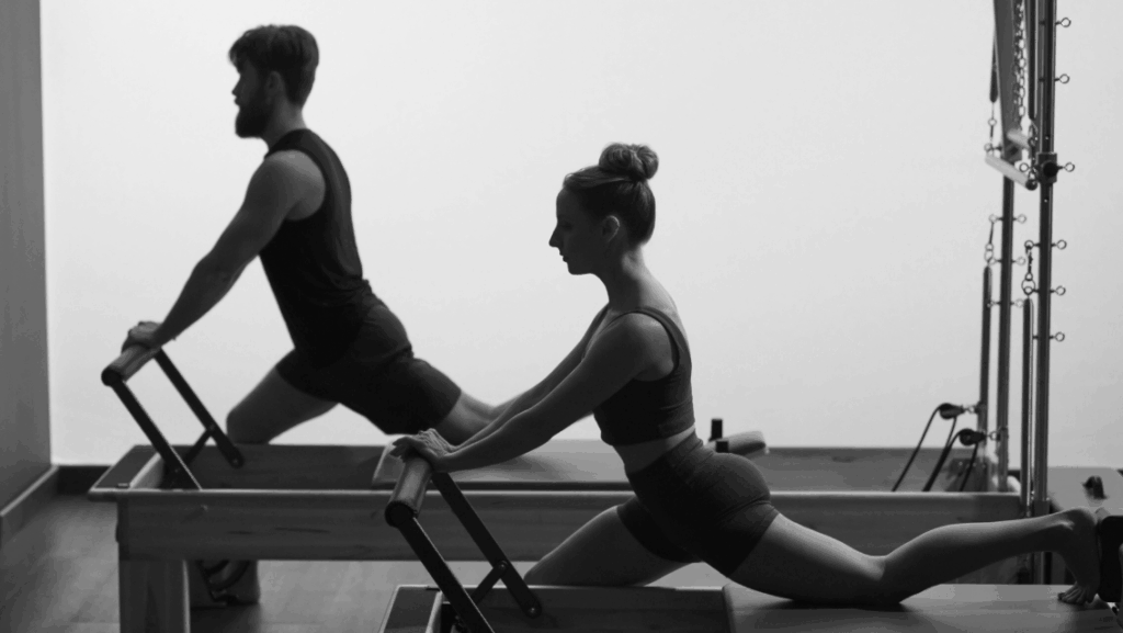 A man and a woman working out on Pilates reformer machines in a gym, with the woman in a split lunge position.