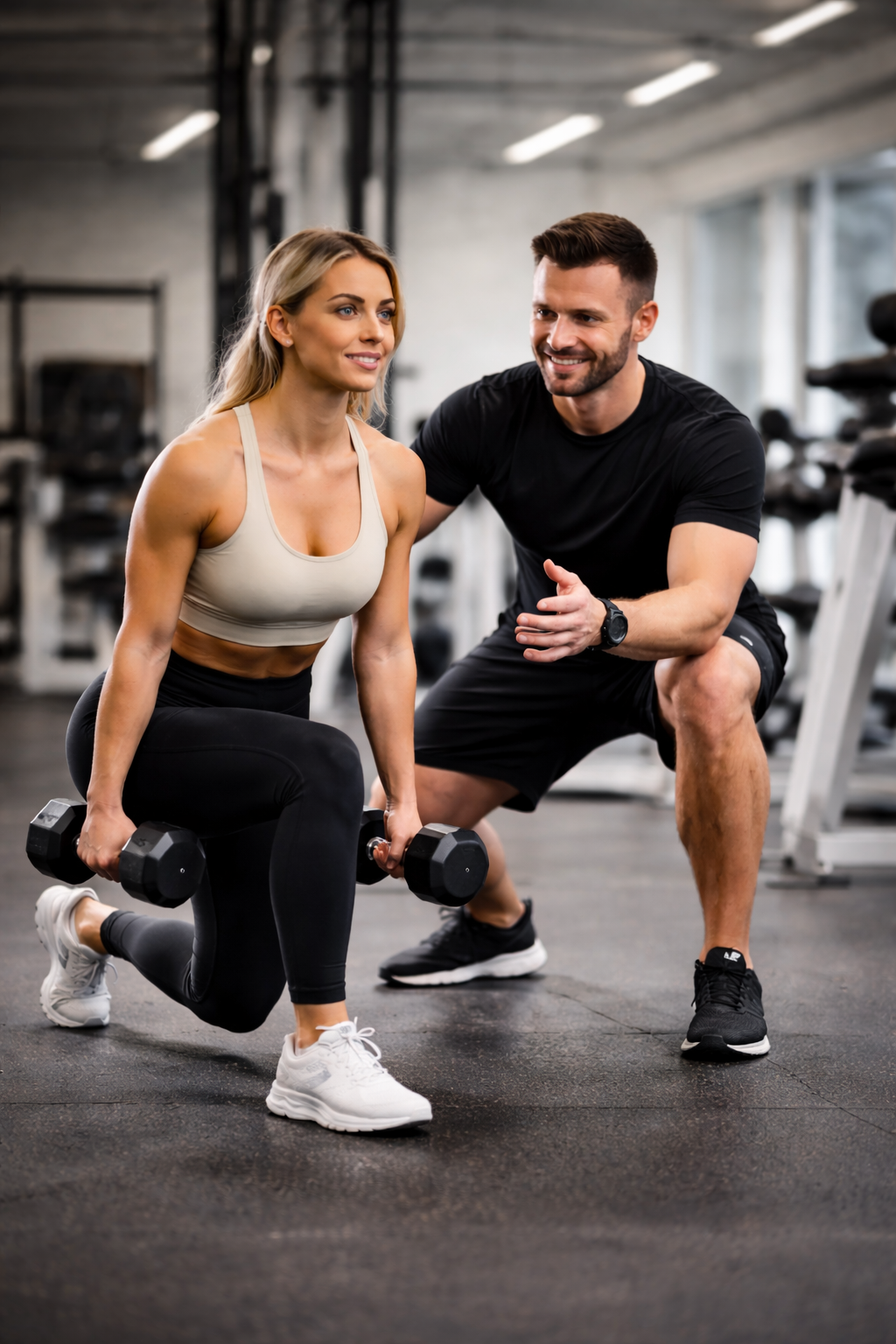 A woman doing a lunge exercise with dumbbells in a gym, assisted by a male trainer.