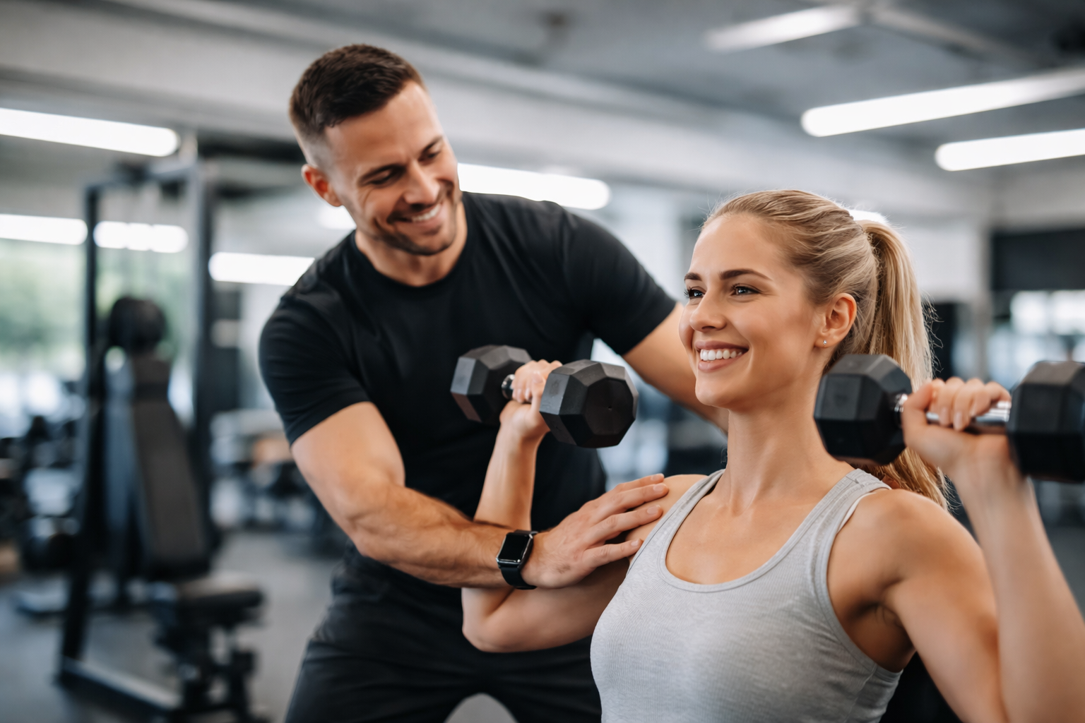 A woman holding dumbbells in a gym, smiling, while a trainer assists her.