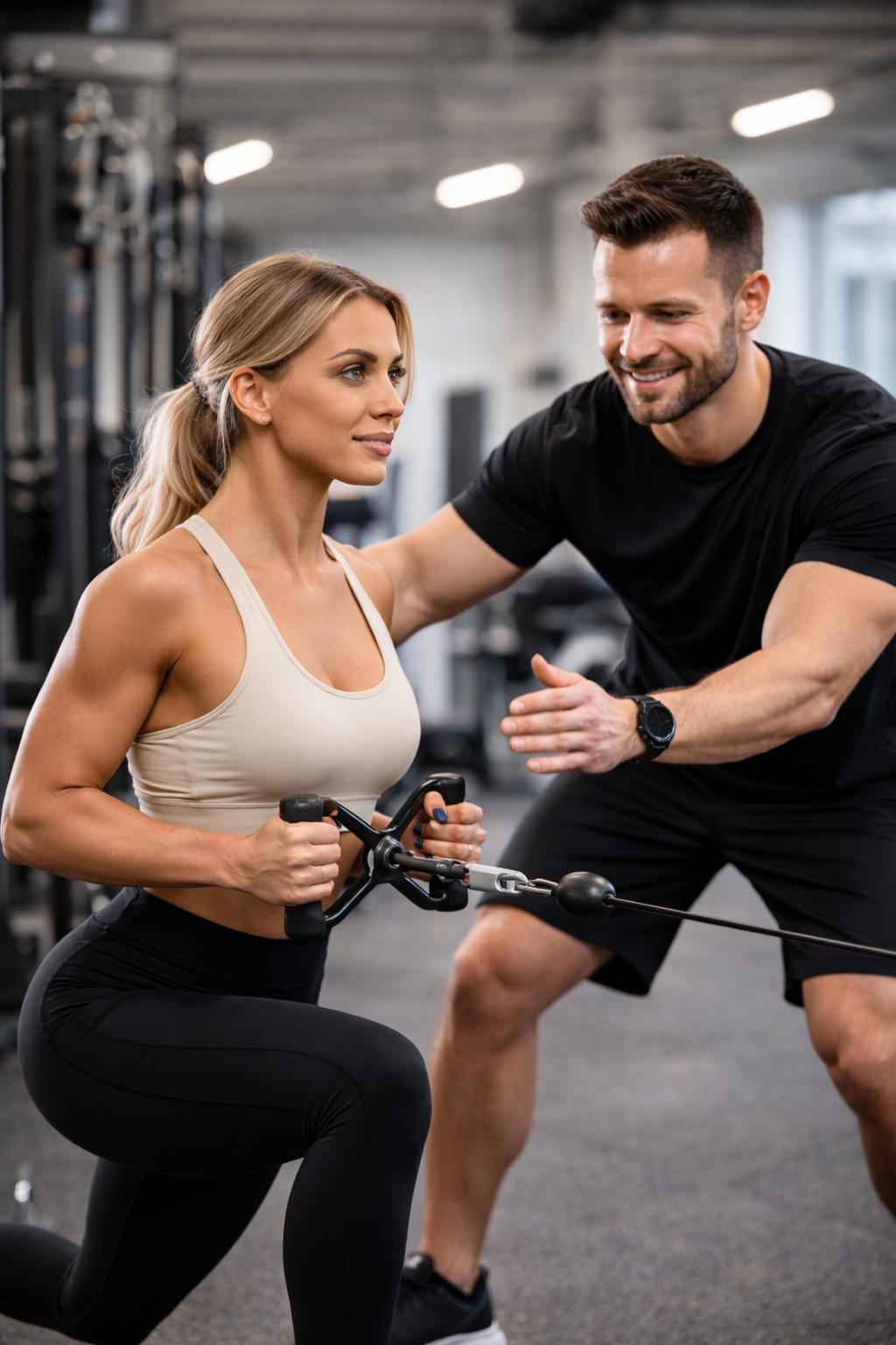 A woman performing a knee exercise with resistance bands under the supervision of a male trainer in a gym.