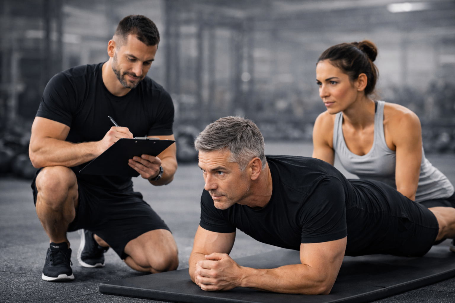 A man doing a plank exercise with a woman watching, while a trainer notes progress on a clipboard in a gym.