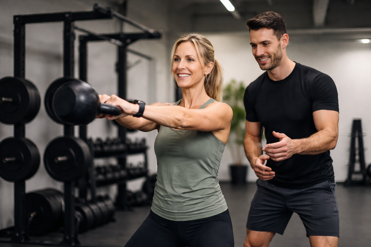 A woman lifting a kettlebell under the supervision of a man in a gym.