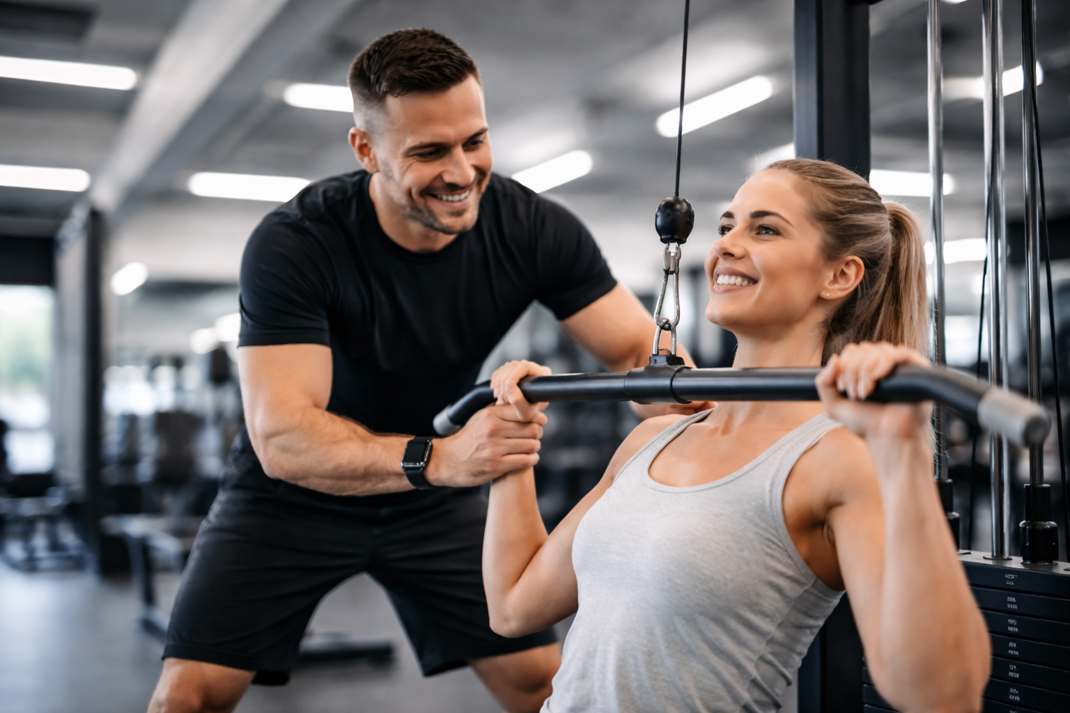 A woman is performing a shoulder press exercise with a barbell on a Smith machine while a male trainer spotter assists her at the gym.