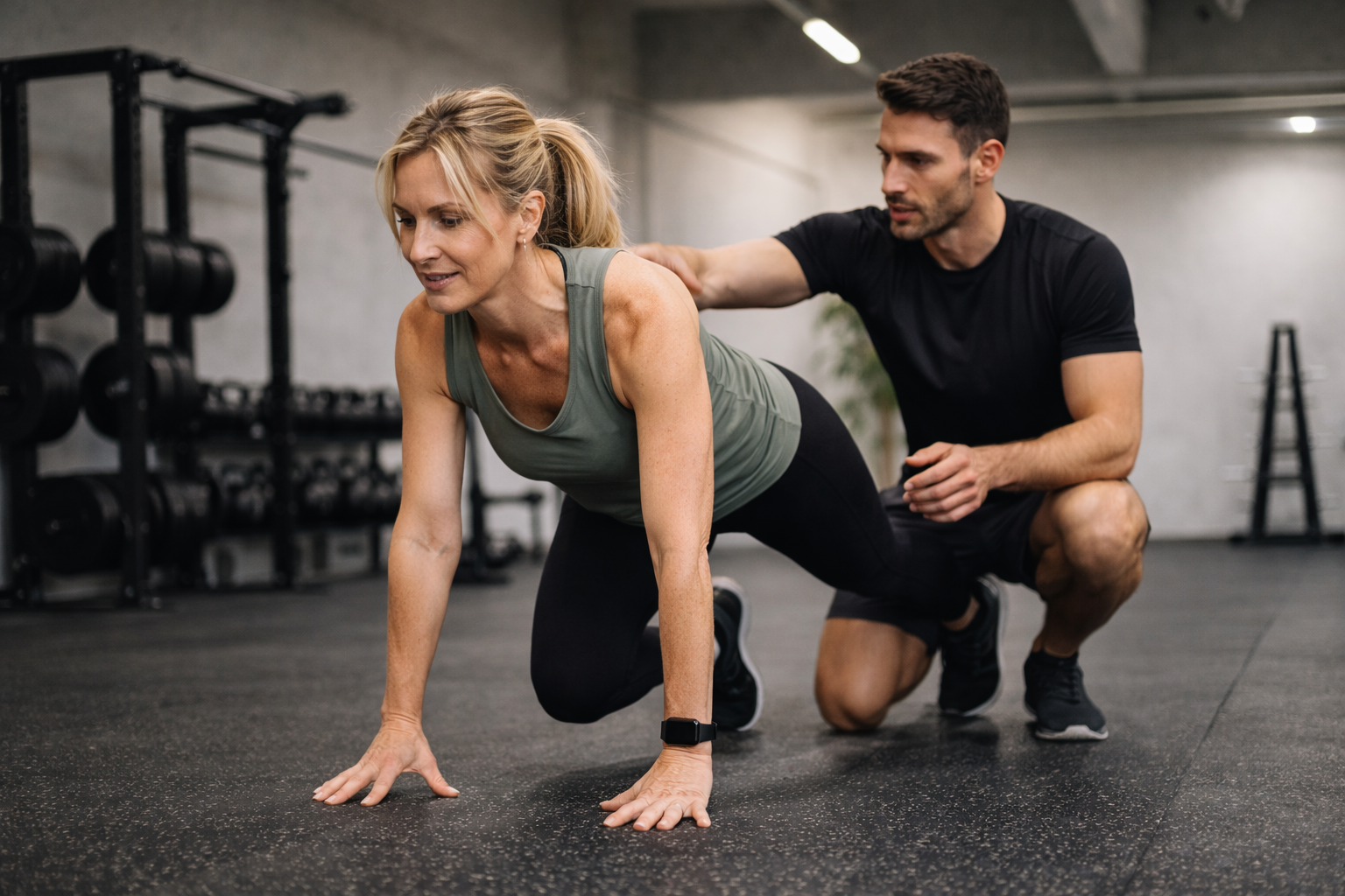 A woman doing a plank exercise on the gym floor with a man assisting her by supporting her back.