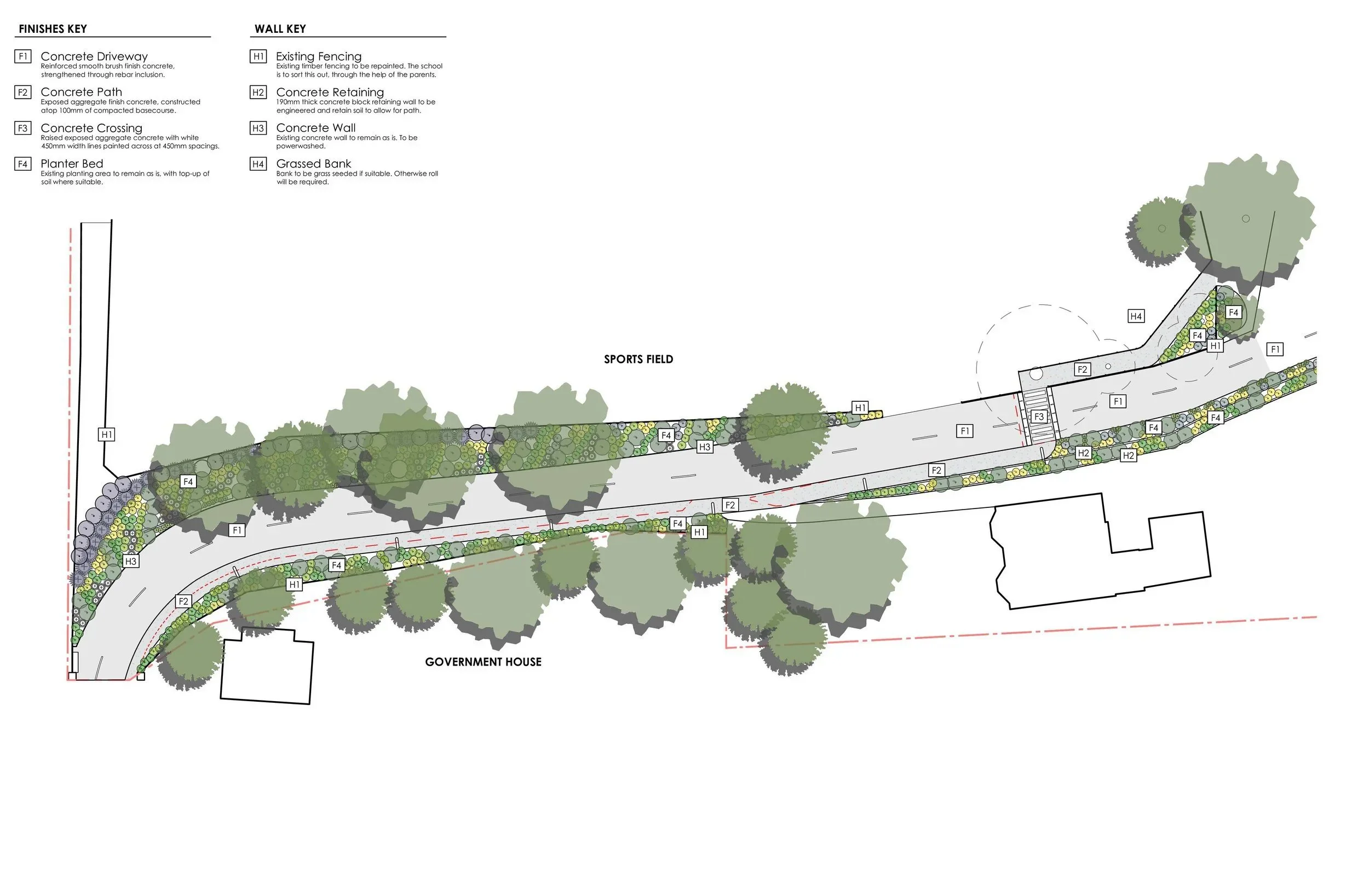 Overall plan of the existing condition, and the planned works to improve accessibility.