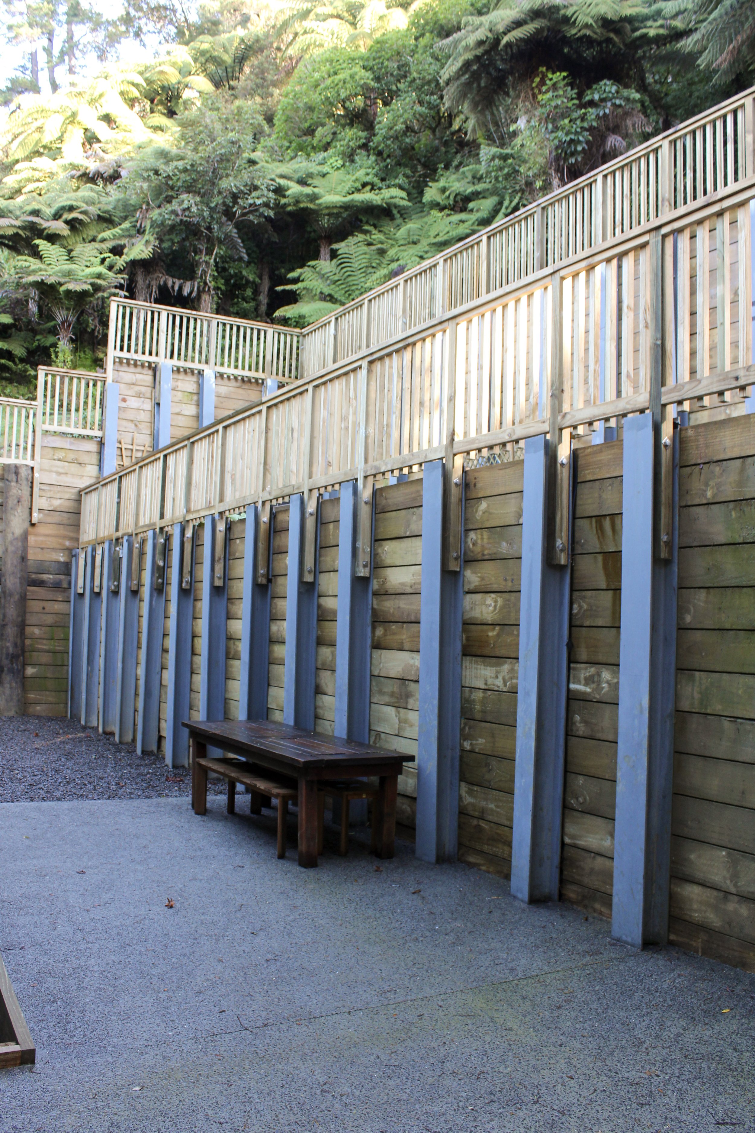 The bottom level of the terraced retaining walls.