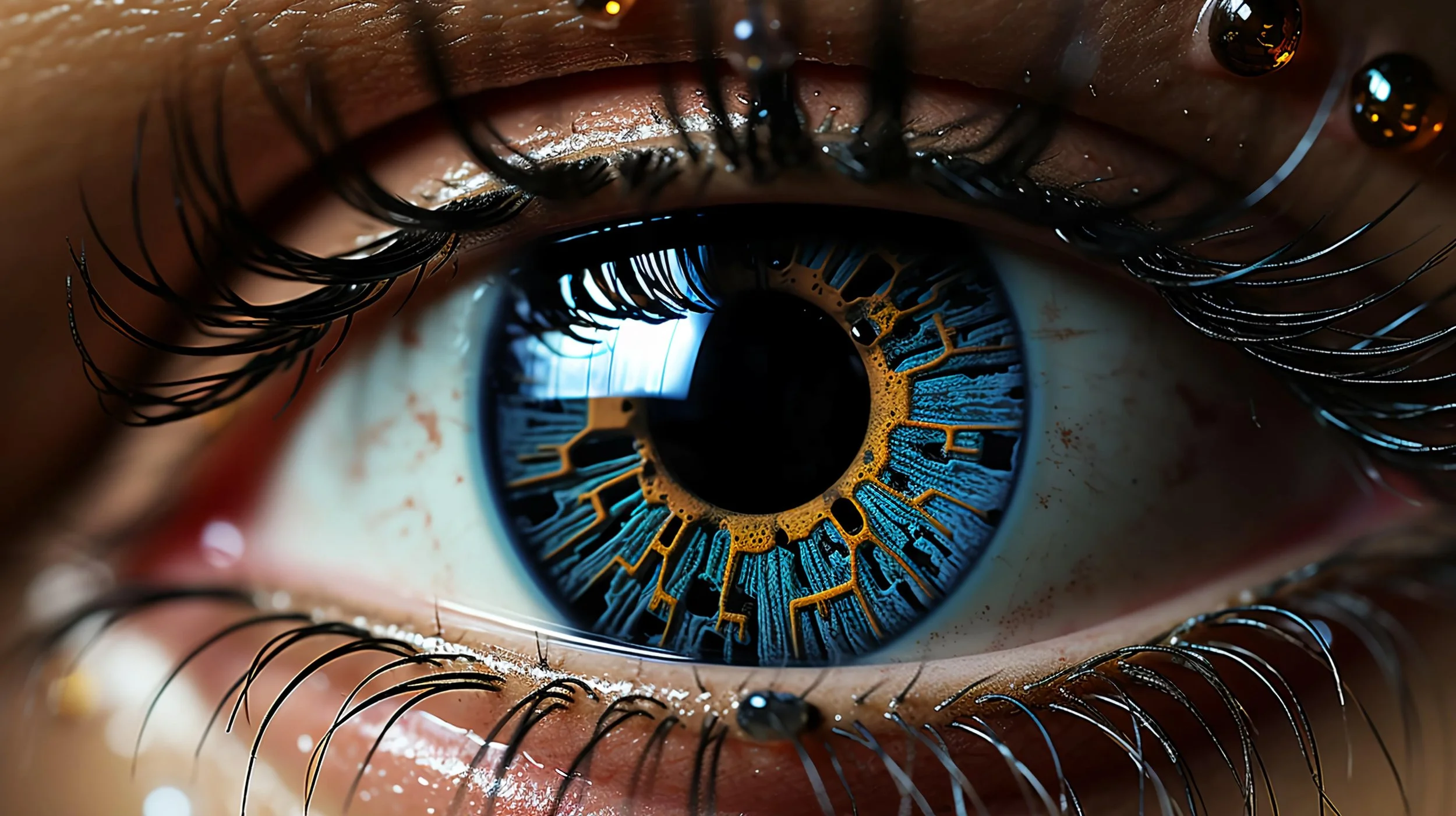 Close-up of a human eye with a blue and gold intricate pattern in the iris, surrounded by detailed eyelashes and moist skin.