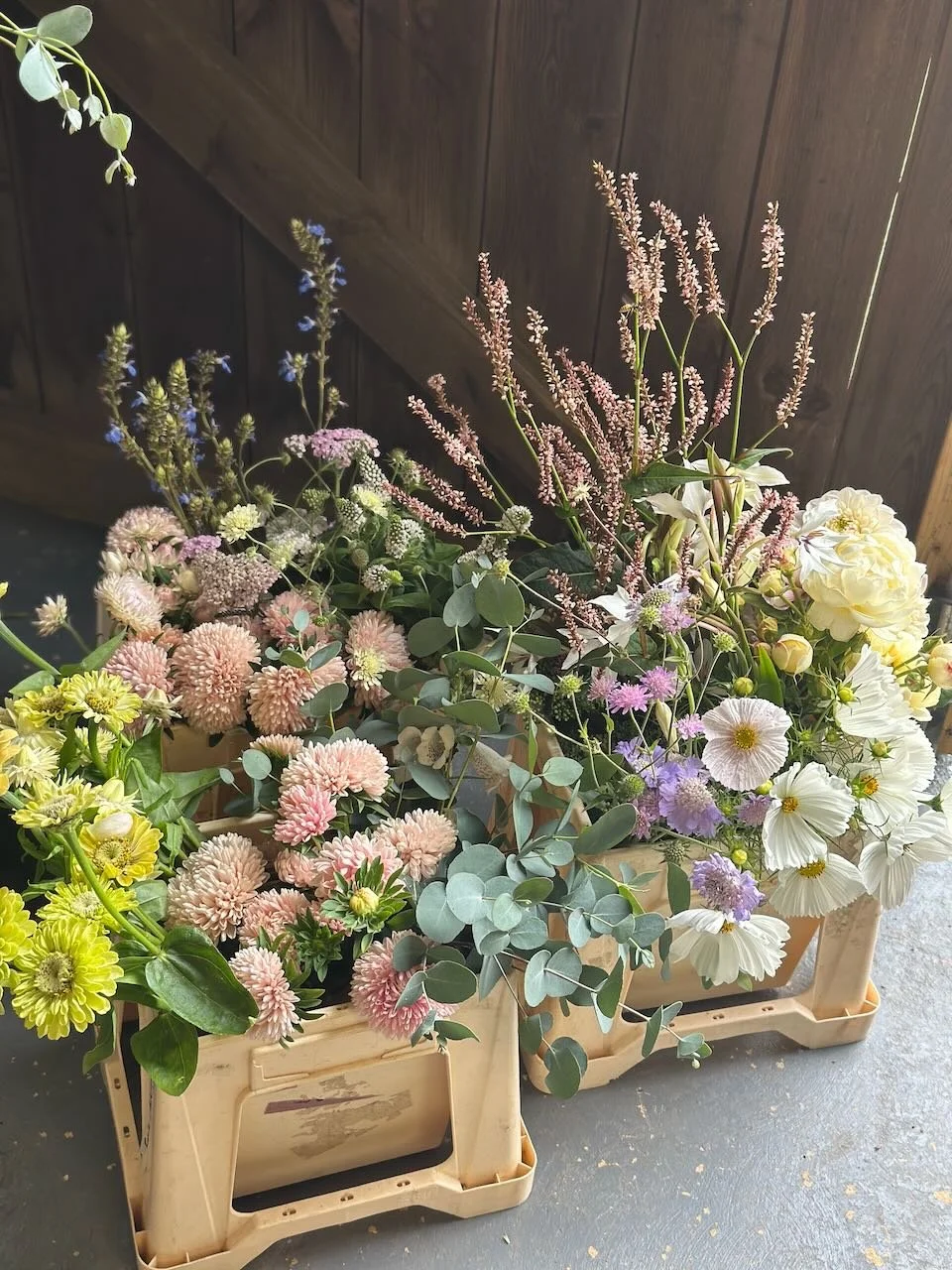 A plastic crate filled with assorted fresh flowers including pink chrysanthemums, white cosmos, purple statice, eucalyptus leaves, lavender, and other mixed flowers placed on a concrete floor near a wooden wall.