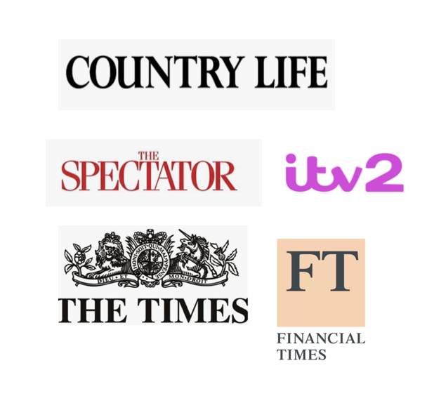 Logos of four media outlets: 'Country Life', 'The Spectator', 'ITV2', and 'The Times'.