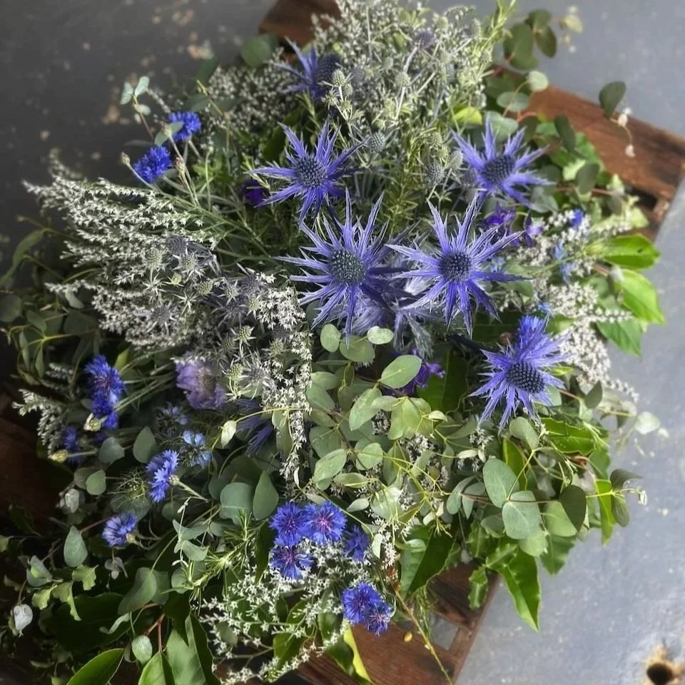 A floral arrangement featuring blue and purple flowers with various green leaves and white accents.
