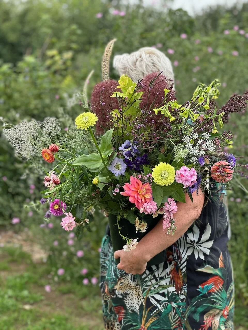 A person holding a large bouquet of colorful flowers in a garden.