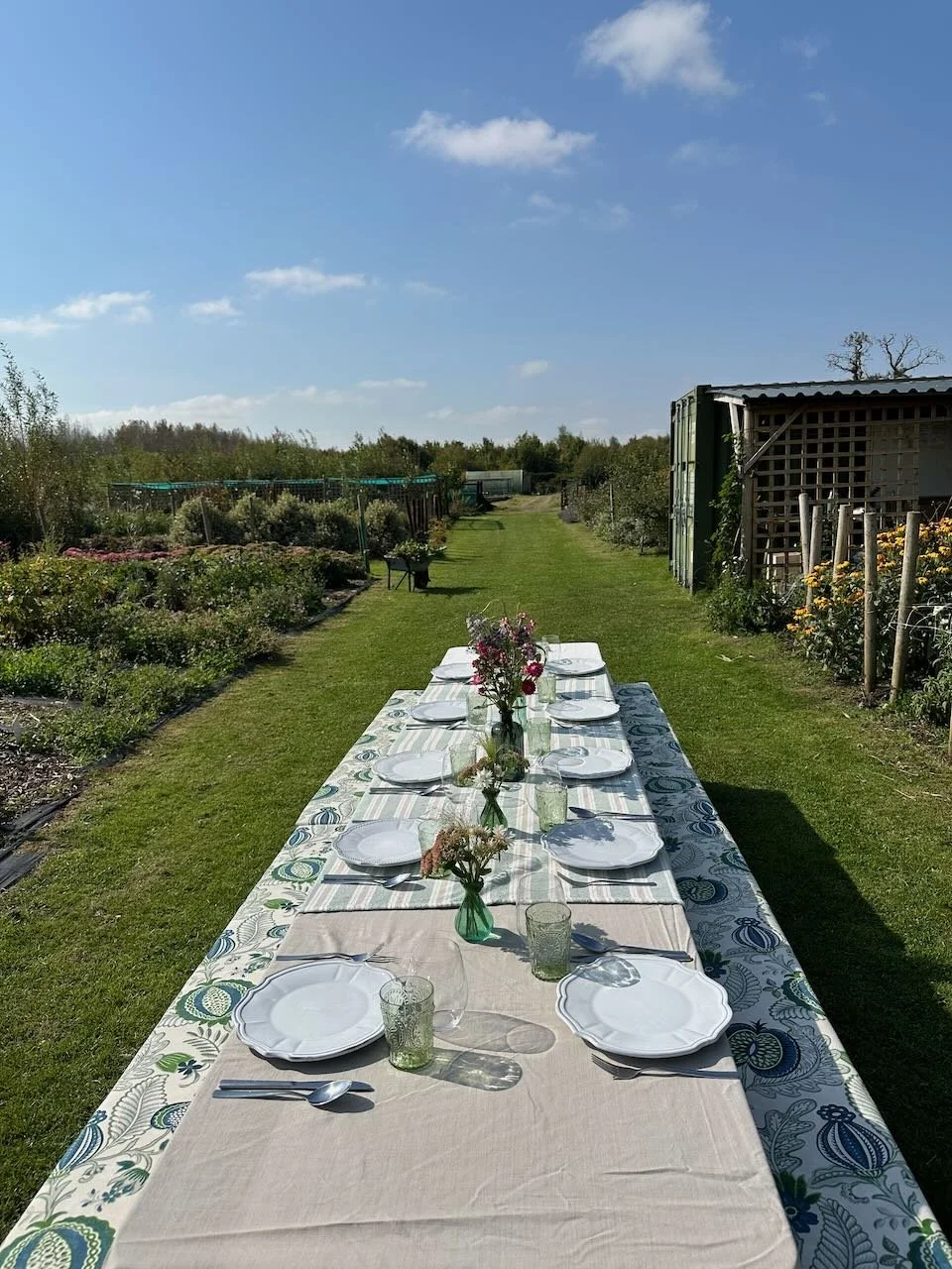 An outdoor garden setting with a long table set for a meal, featuring white plates, glasses, and flowers in vases, situated on a grassy lawn with a clear blue sky overhead.