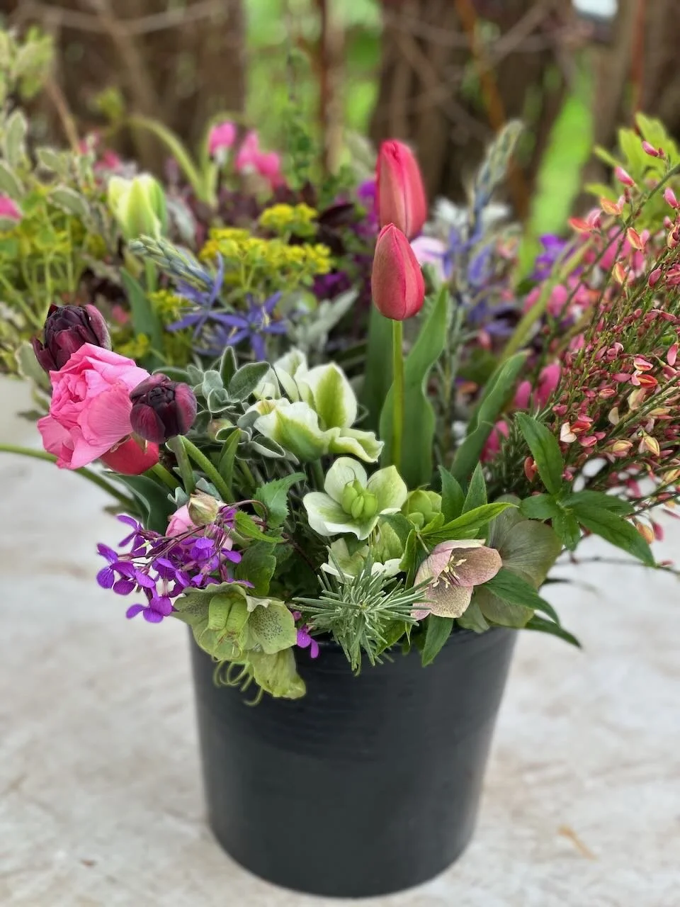 Colorful flower arrangement in a black pot, featuring pink and purple blossoms, green foliage, and some tulip buds.