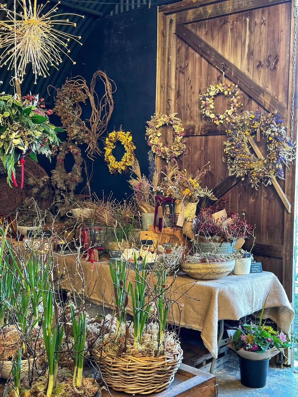 Display of dried and fresh floral arrangements, wreaths, and plants in a rustic shop or market setting with wooden walls and a covered table.