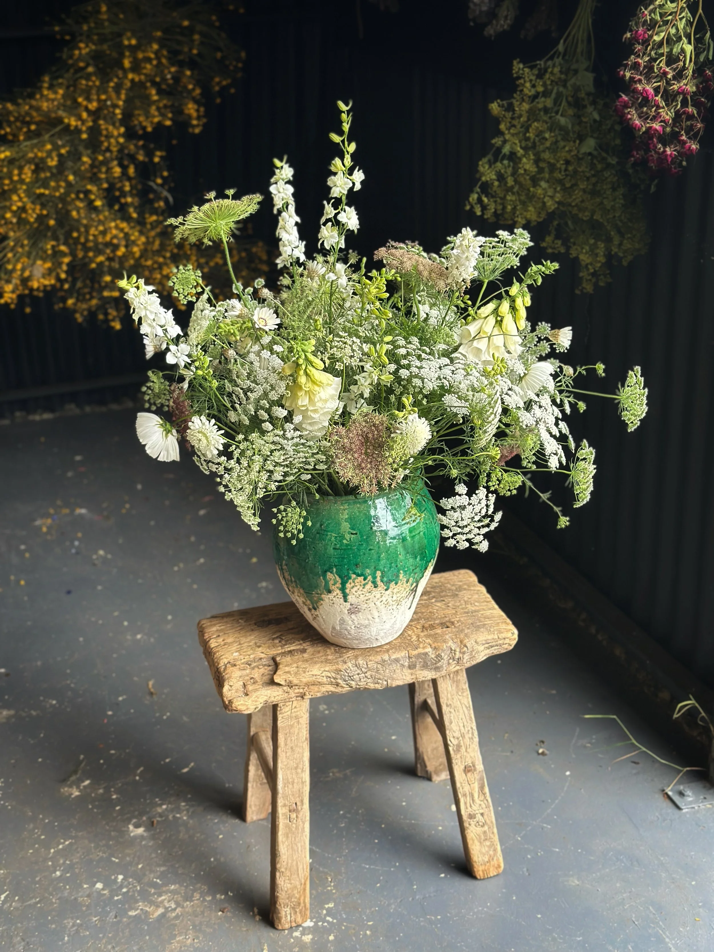 Green and white vase to hire from Chippy Flower Farm.JPG