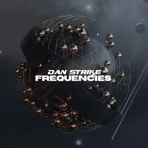 Illustration abstraite avec spheres métalliques, lignes géométriques et le texte "Dan Strike Frequencies" en blanc.
