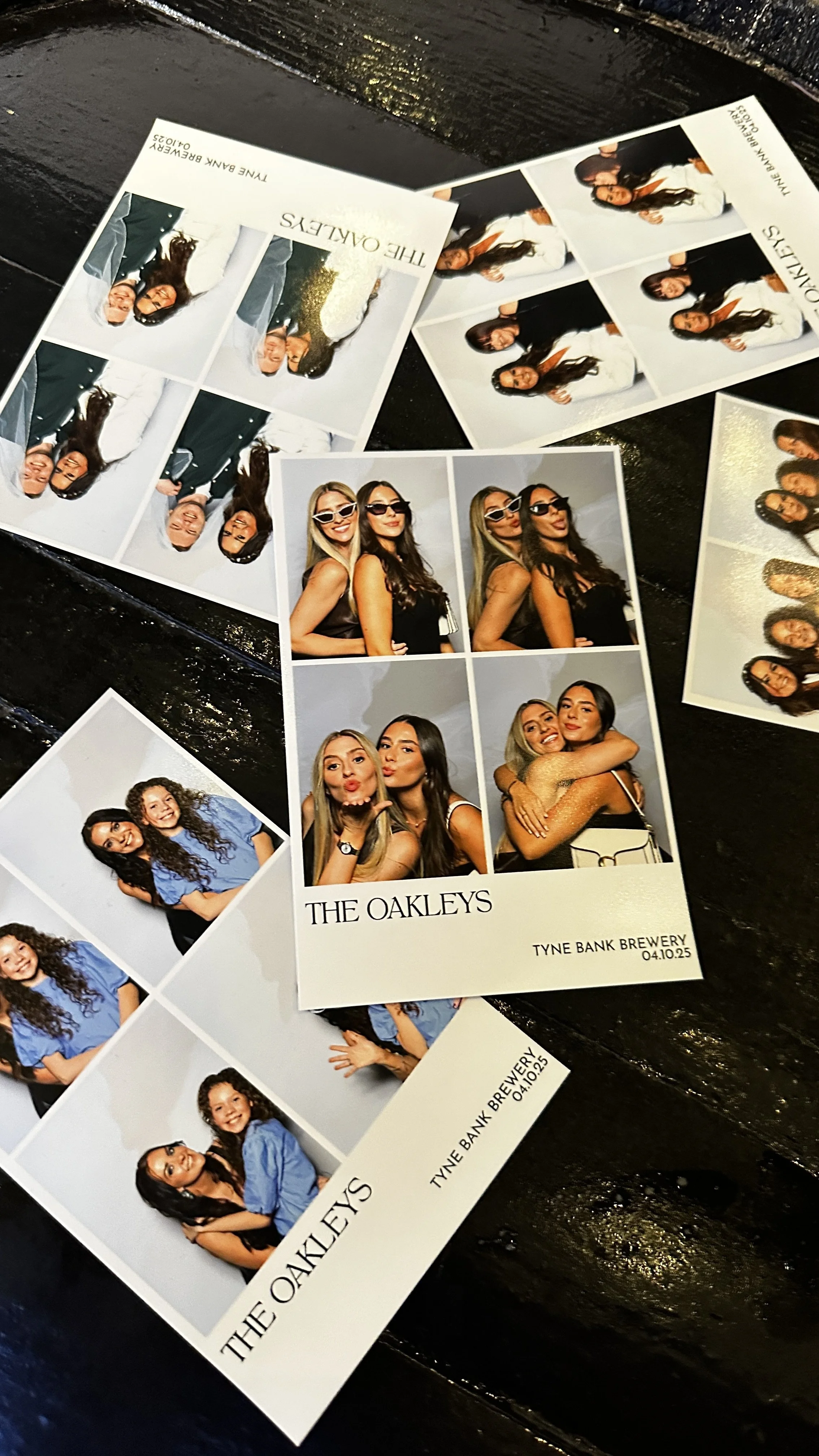 Photo booth prints featuring various group photos of women, with some wearing sunglasses, at Tyne Bank Brewery on April 10, 2025, titled 'The Oakleys'.