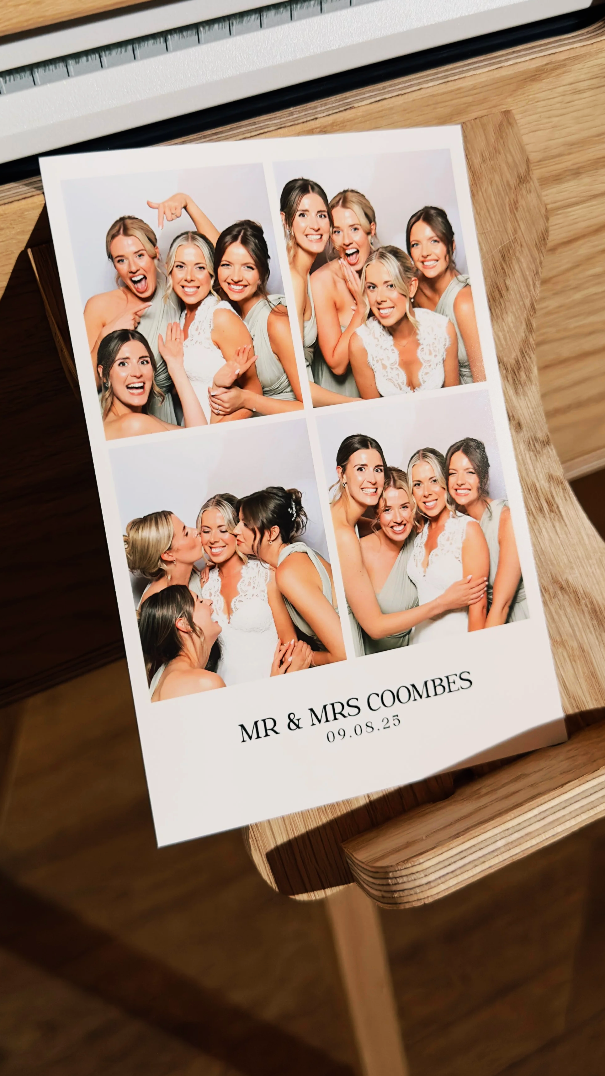 Photo booth prints of a bride and her bridesmaids, showing four group photos at a wedding, with the caption 'MR & MRS COOMBES 09.08.25' at the bottom.