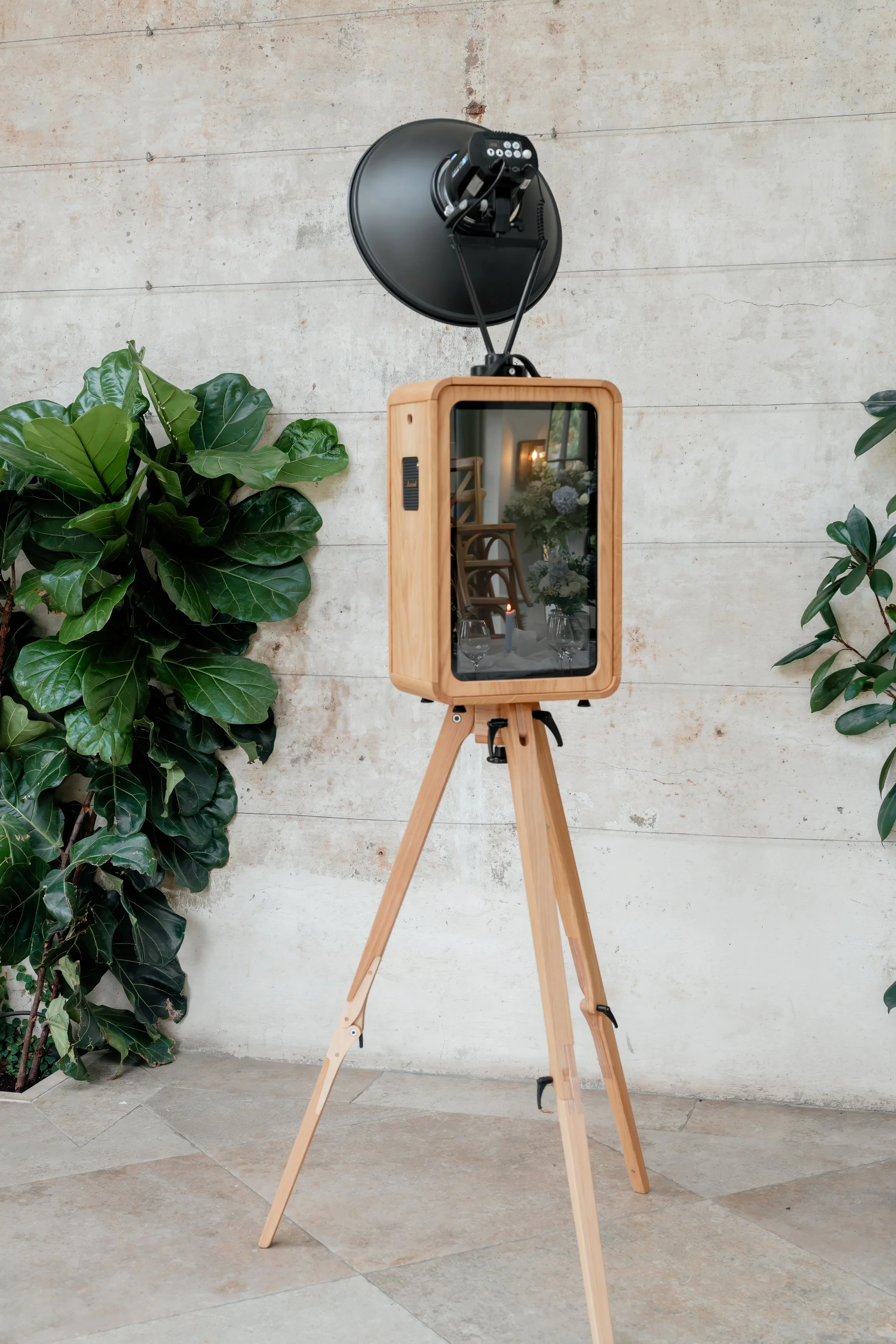 A wooden photo booth with a large studio light mounted above, set against a concrete wall, surrounded by green plants.