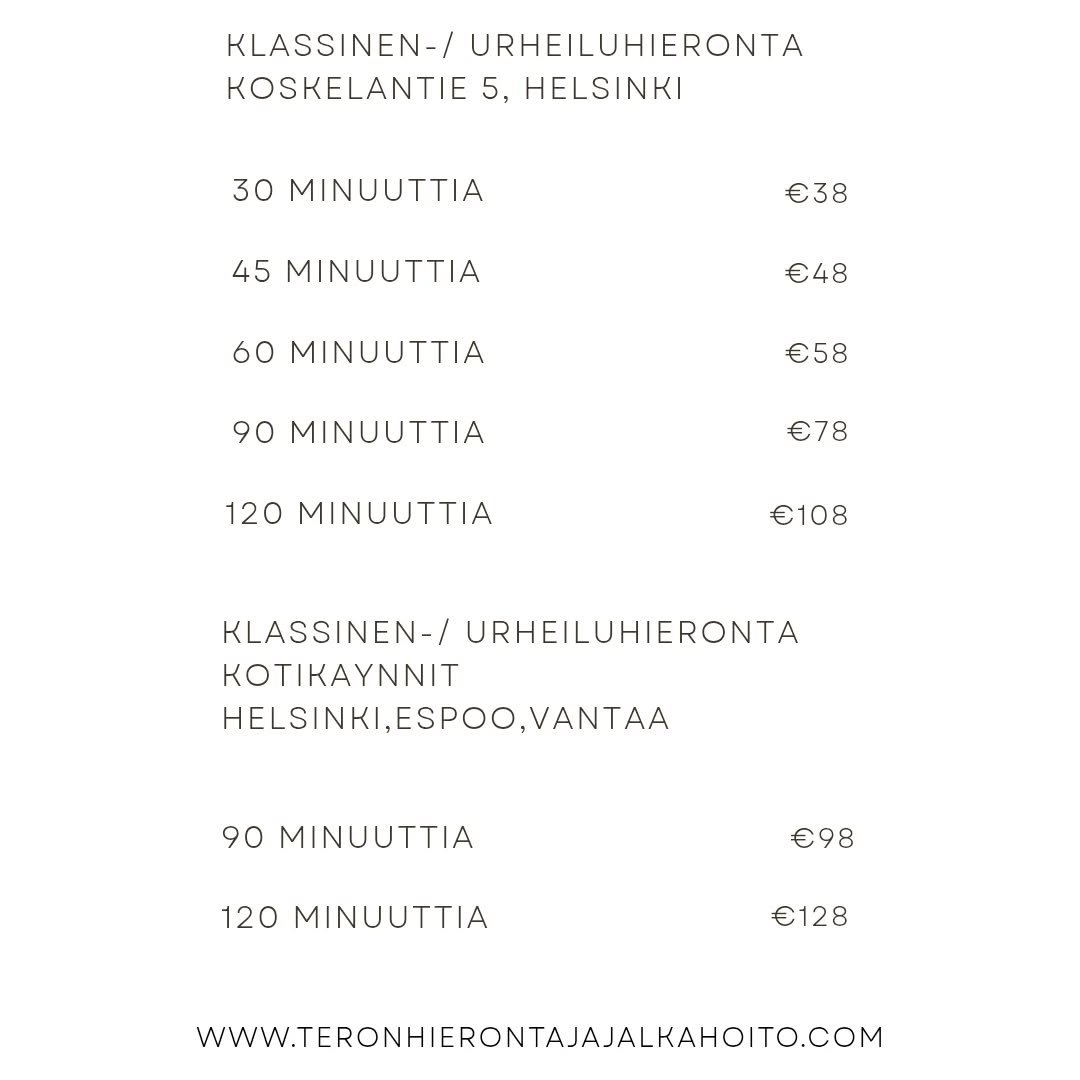 Vuoden 2026 hieronta hinnasto. N&auml;h&auml;&auml;n hieronnoissa. #hieronta #helsinki #espoo #vantaa