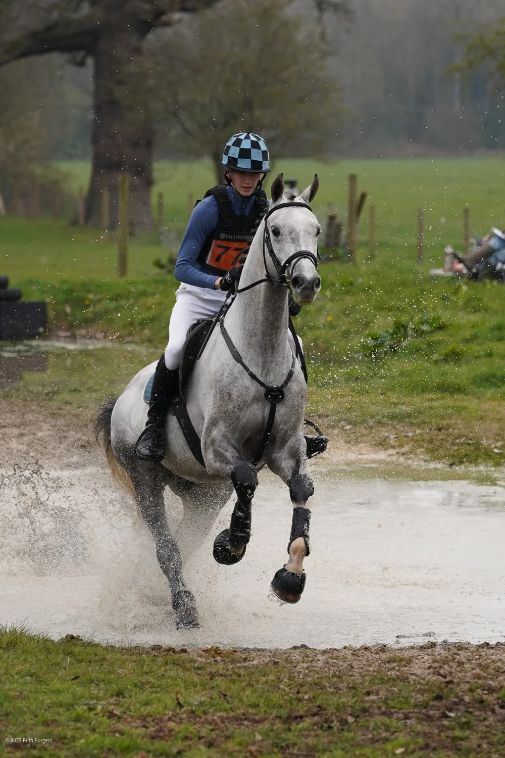 A person riding a white horse through water during an equestrian event outdoors, wearing a blue shirt, white pants, and a checkered helmet.