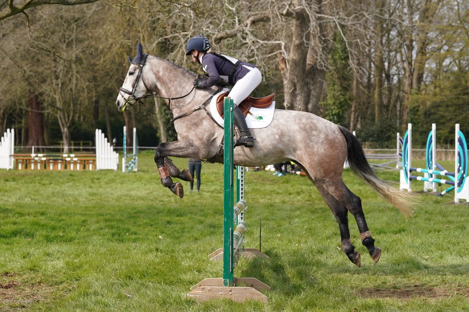 A rider on a grey horse jumping over a hurdle in an outdoor equestrian competition.