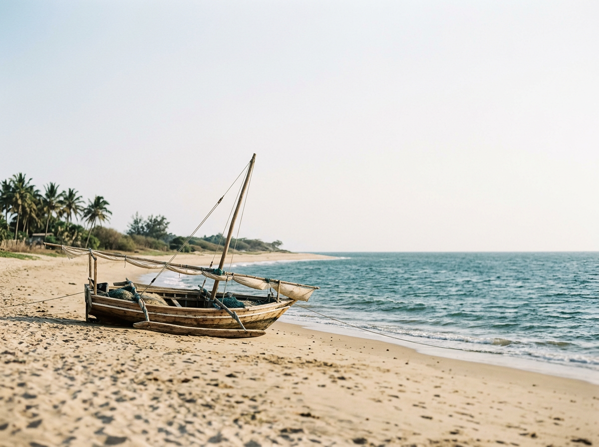 A wooden sailboat resting on a sandy beach with palm trees in the background and the ocean in the distance.